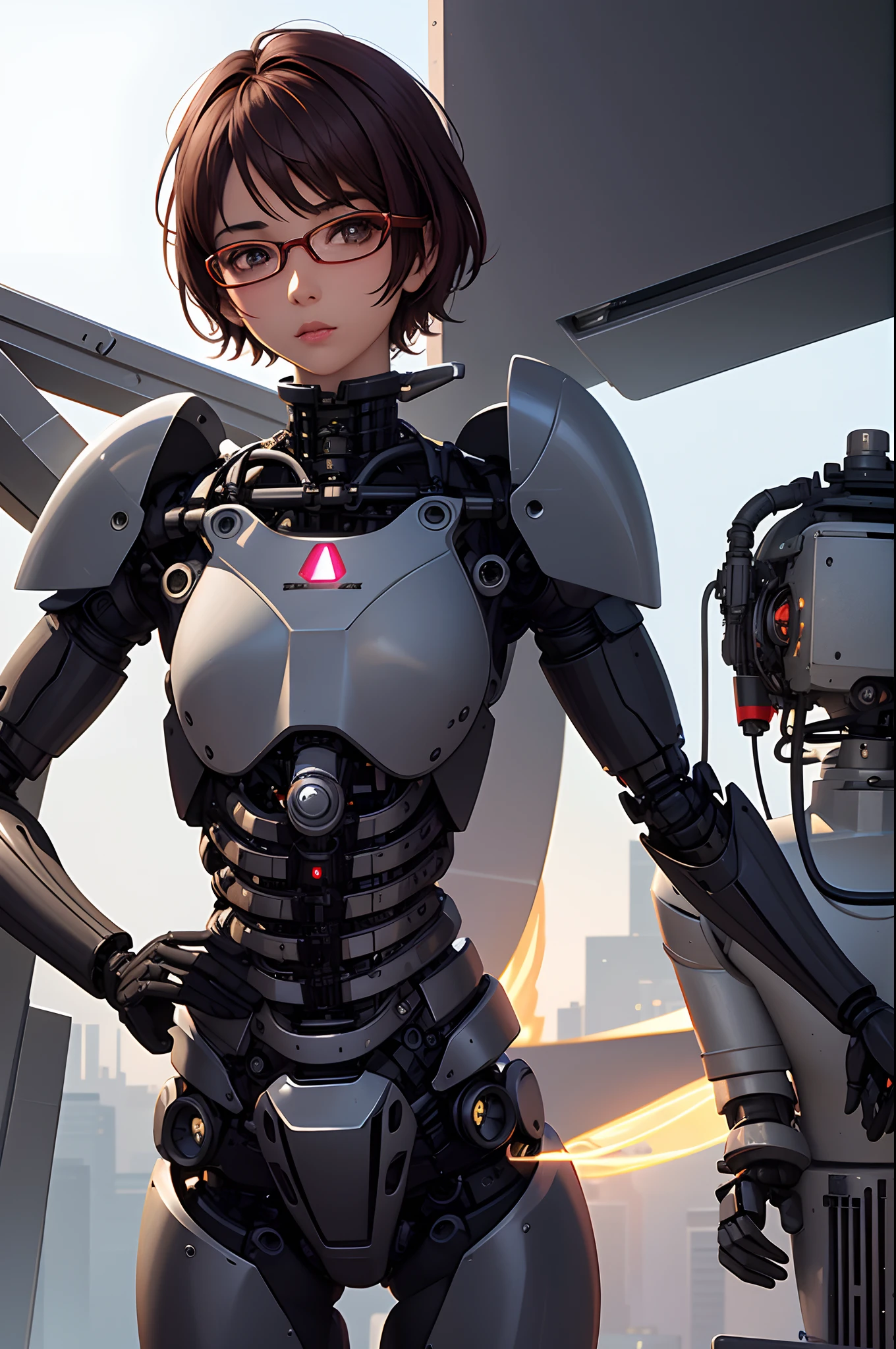1girl, beautiful girl, brown skin, wearing eyeglasses, small mole on her left cheek, brown skin girl, small breasts, (short red hair) , (black eyes), realistic eyes, beautiful and big eyes) ((robot girl)), ((mechanical girl)), ((Mechanical body parts)), ((electrical wire)), 8k wallpaper, Light and cool lighting, photo realistic, Cel shaded, Gel lighting, ultra details,white wallpaper, ((Fiction))