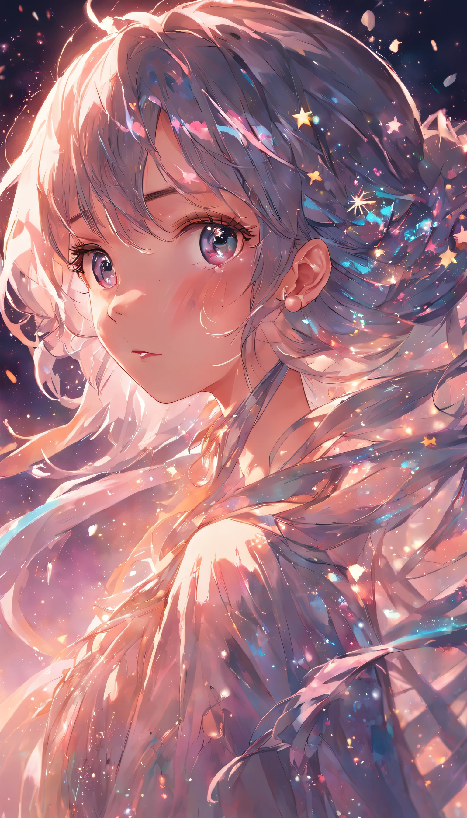 {{16K illustration,Great masterpiece, Best quality,}}, {{The style of the 1980s,Ray tracing ,Best illumination, Best shadow, Highly detailed skin,Colorful glitter,highly details eye ,dynamic angle,Highly detailed face ,Reflective eyes ,reflective hair,highly detailed hair,Extremely delicate and beautiful stars,On the water}},Dramatic angle,{{Nature,Cute face,}},{full bloom},{painting of beautiful},{{{gradation hair,pigtail hair,Bun hair,glossy eyes,Watery eyes ,Long eyelashes,Beautiful eye shadows}}},{{intricately details}},Solo,{ chinese girl :Fairy hybrid,} {{Beautiful and delicate fabric,sailor dress}},Seductive smile,{{{{view the viewer,Bust}}}},{{{{{arms back behind}}}}},{{{{Rose,sliver lotus,}}}},{Beautiful face painting}