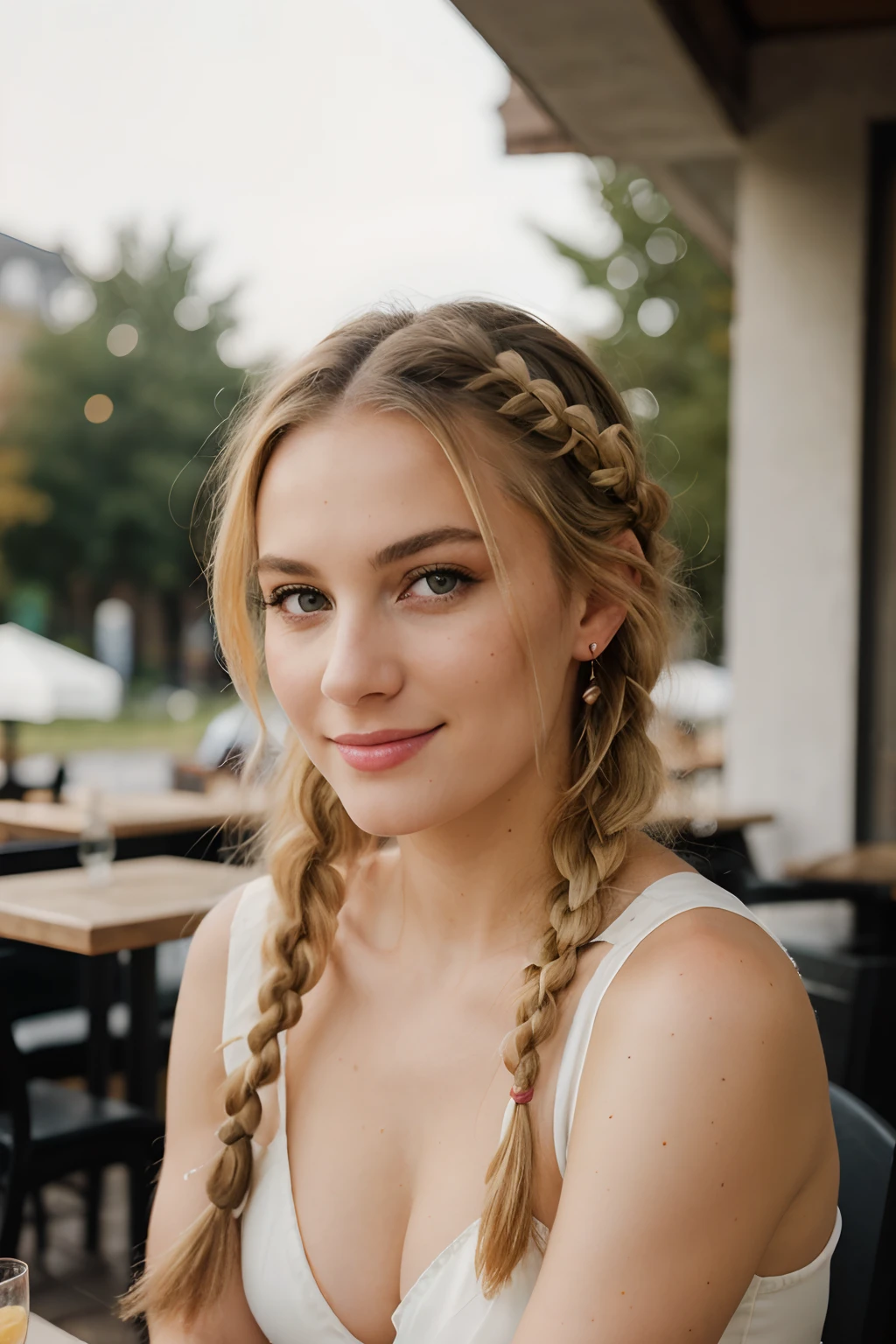 RAW, analog, Nikon Z 85mm, award winning glamour photograph,((best quality)), ((masterpiece)), ((realistic)), 18th century, KarolinaDemy:0.9 piercing eyes, looking straight, very happy, blonde hair, quad braids, in a outdoor cafe, afternoon light,