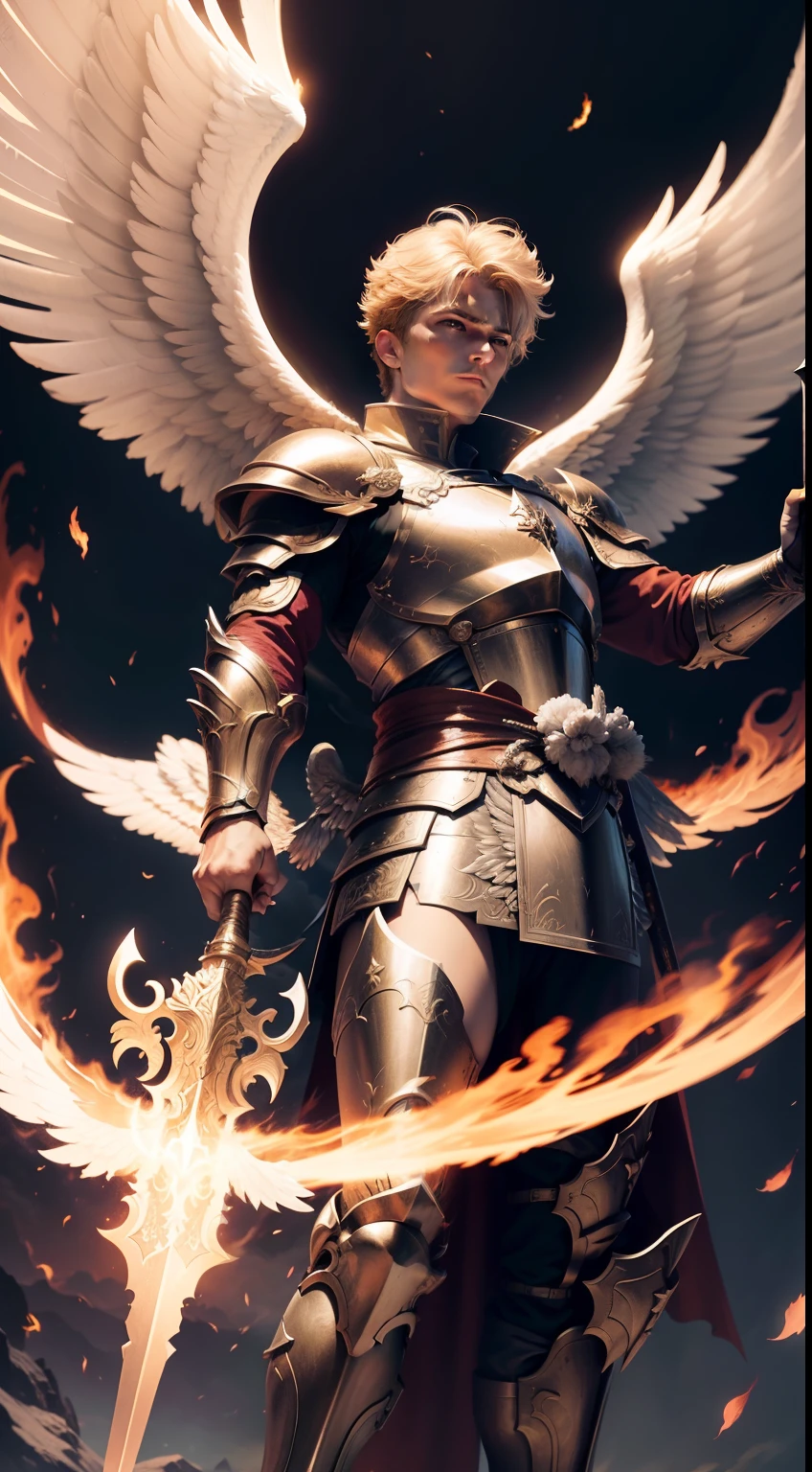 A celestial angel warrior with wings and a flaming sword, well dressed, rising above the darkness as he slashes evil with his mighty weapon.