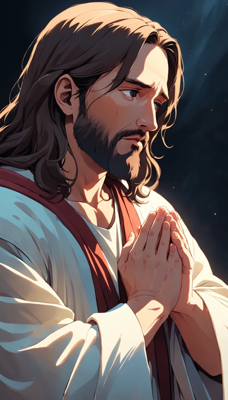 "Create an image of Jesus in profile, depicted in the act of prayer with hands clasped together."