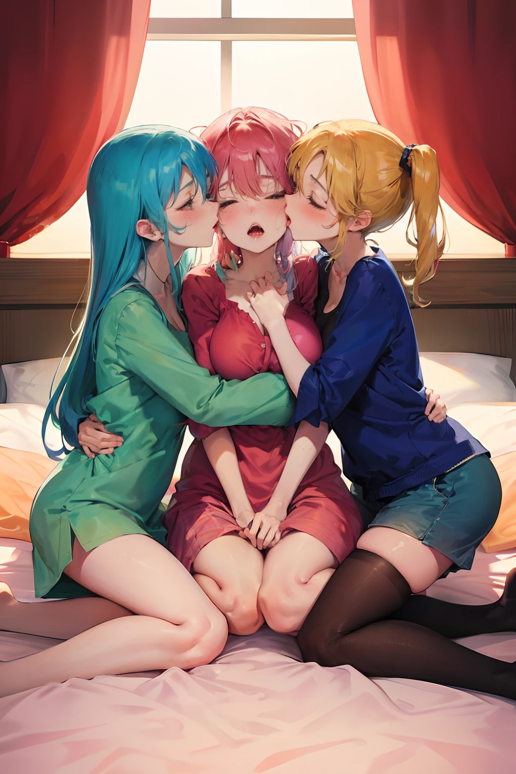 Three sisters hugging and kissing each other lovingly in bedroom anime. Saliva trail hot breath, big breasts, big ass, nude.
