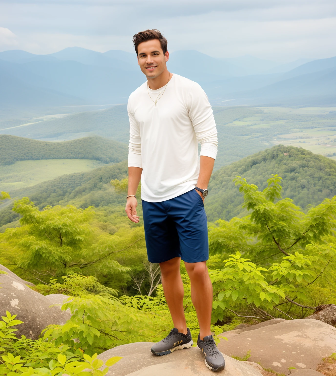 there is a man standing on a rock on a mountain, with mountains in the background, standing in front of a mountain, in front of a forest background, hills in the background, jungles in the background, with mountains in background, standing on mountain, in a scenic background, amidst nature, with mountains as background, standing on a mountain top, mountains in the background, neat, handsome, stawhitebackground, casual