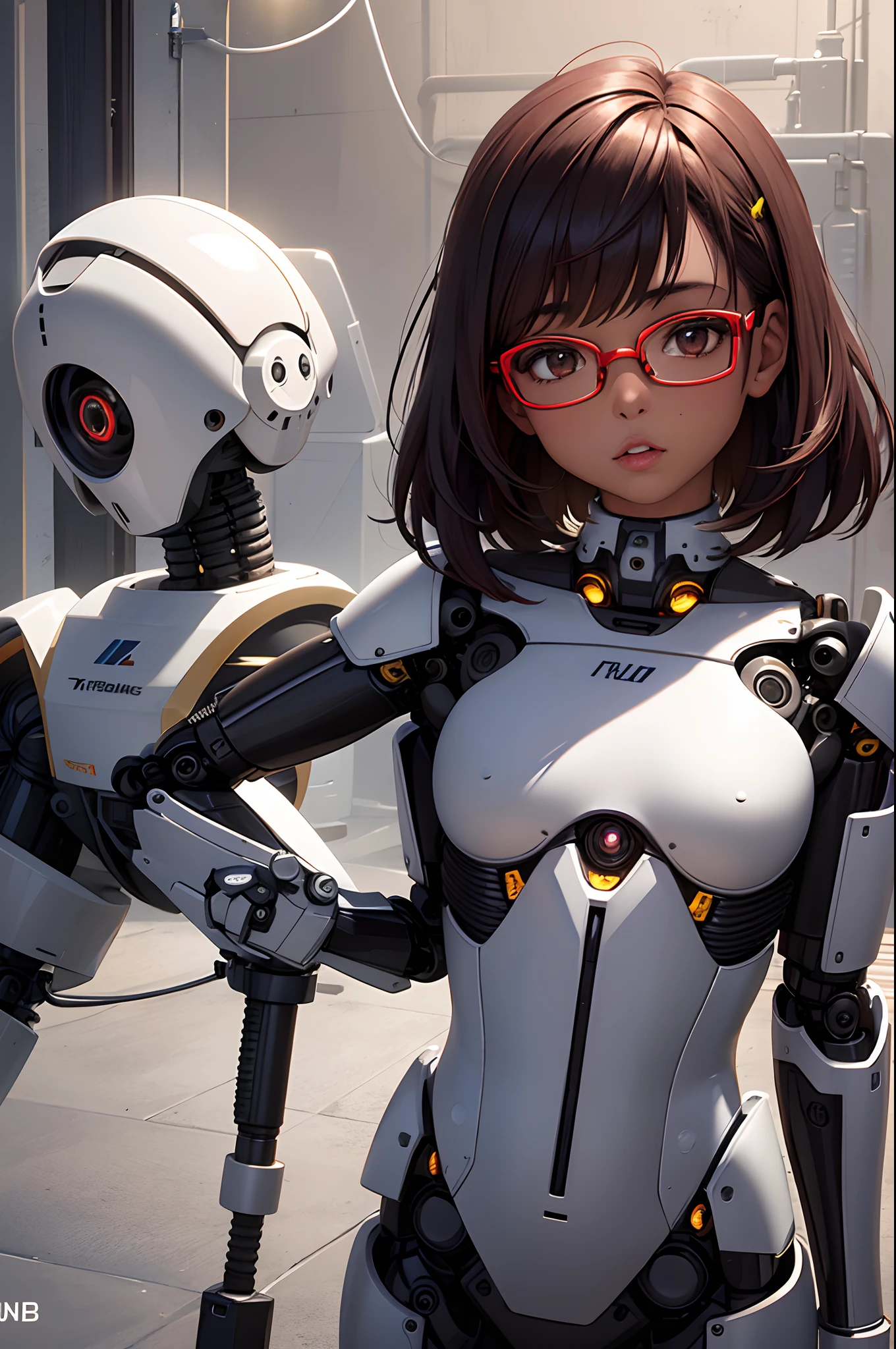 1girl, beautiful girl, brown skin, wearing eyeglasses, small mole on her left cheek, brown skin girl, small breasts, (short red hair) , (black eyes), realistic eyes, beautiful and big eyes) ((robot girl)), ((mechanical girl)), ((Mechanical body parts)), ((electrical wire)), 8k wallpaper, Light and cool lighting, photo realistic, Cel shaded, Gel lighting, ultra details,white wallpaper, ((Fiction))