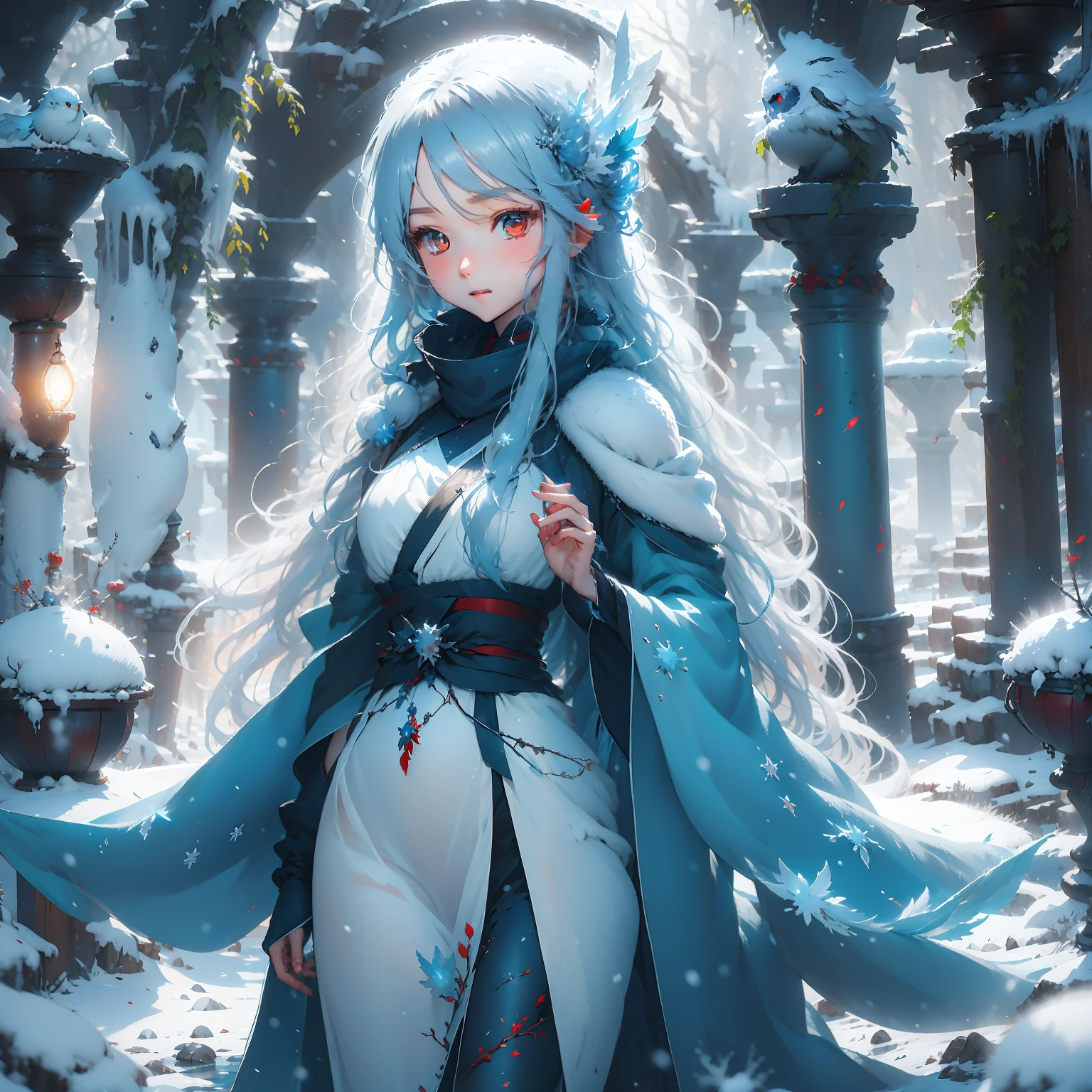 White long hair,cute anime girl, red eye, blue winter dress,angel,blue wing,blue birds,winter forest, mist