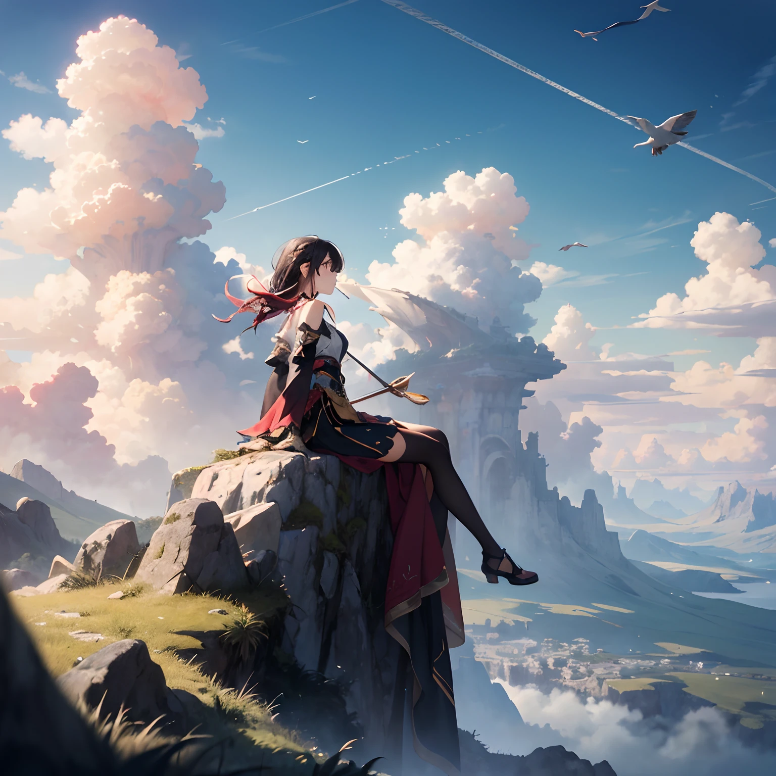 absurdres, highres, (official art, beautiful and aesthetic:1.2), close view,
shining sky, vast world, girl, gazing, awe-inspiring expression, distant horizon, clouds, high hill, natural beauty, inspiration, light effects,