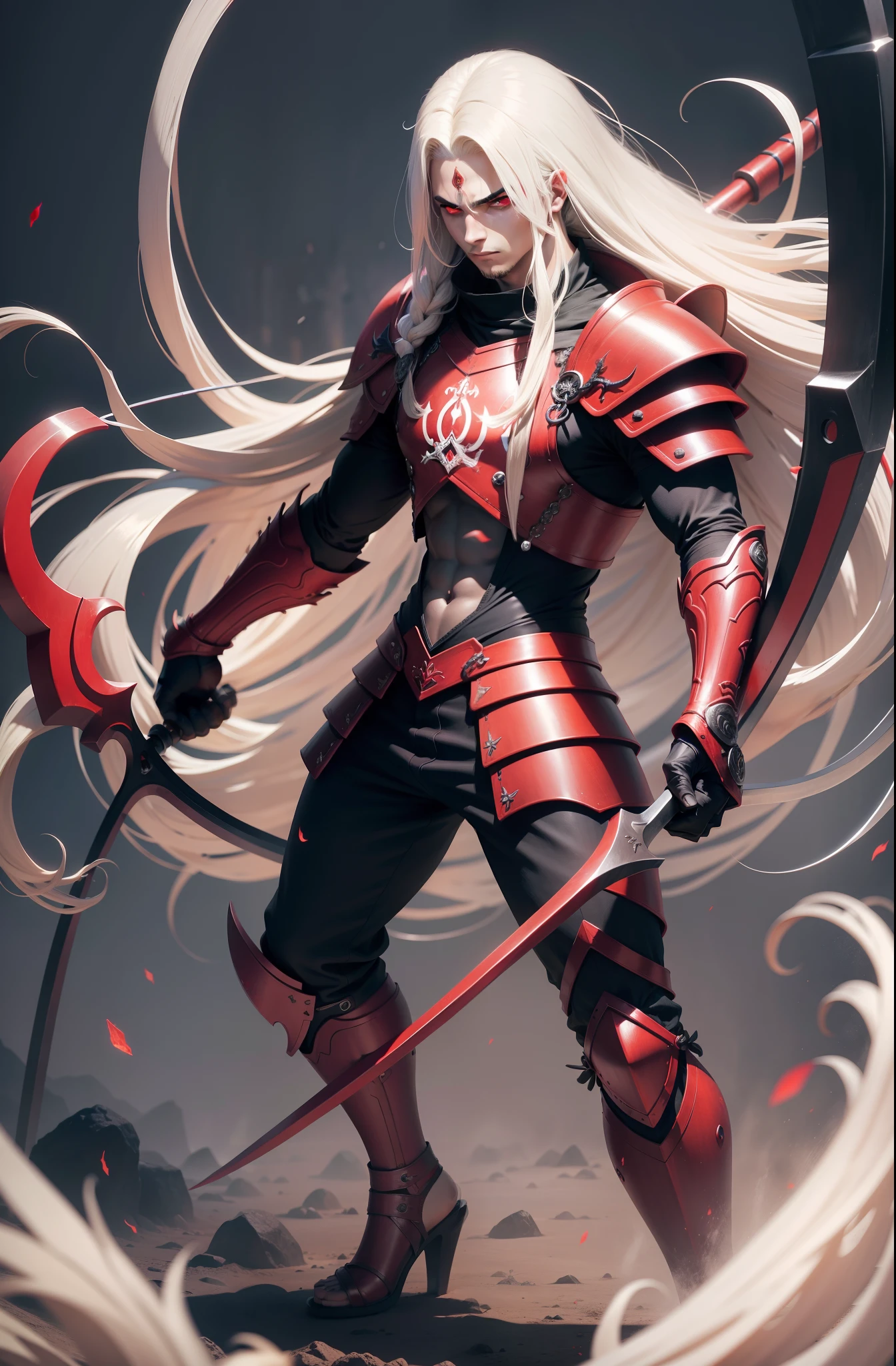 menino de pele escura, cabelos longos brancos, red demonic eyes with a scythe, Manga style, com uma armadura, disco Rigido, 4k