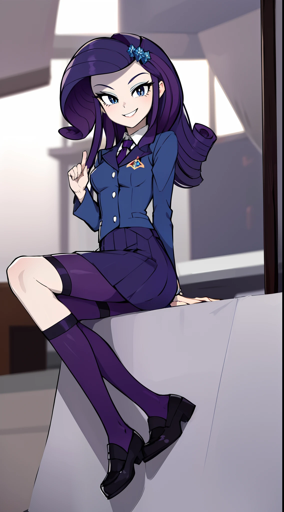 masterpiece,best quality,1girl,solo,mlprarity,colored skin,hair ornament,purple hair,blue eyes, uniform, evil henchwoman, posing, full body, smile