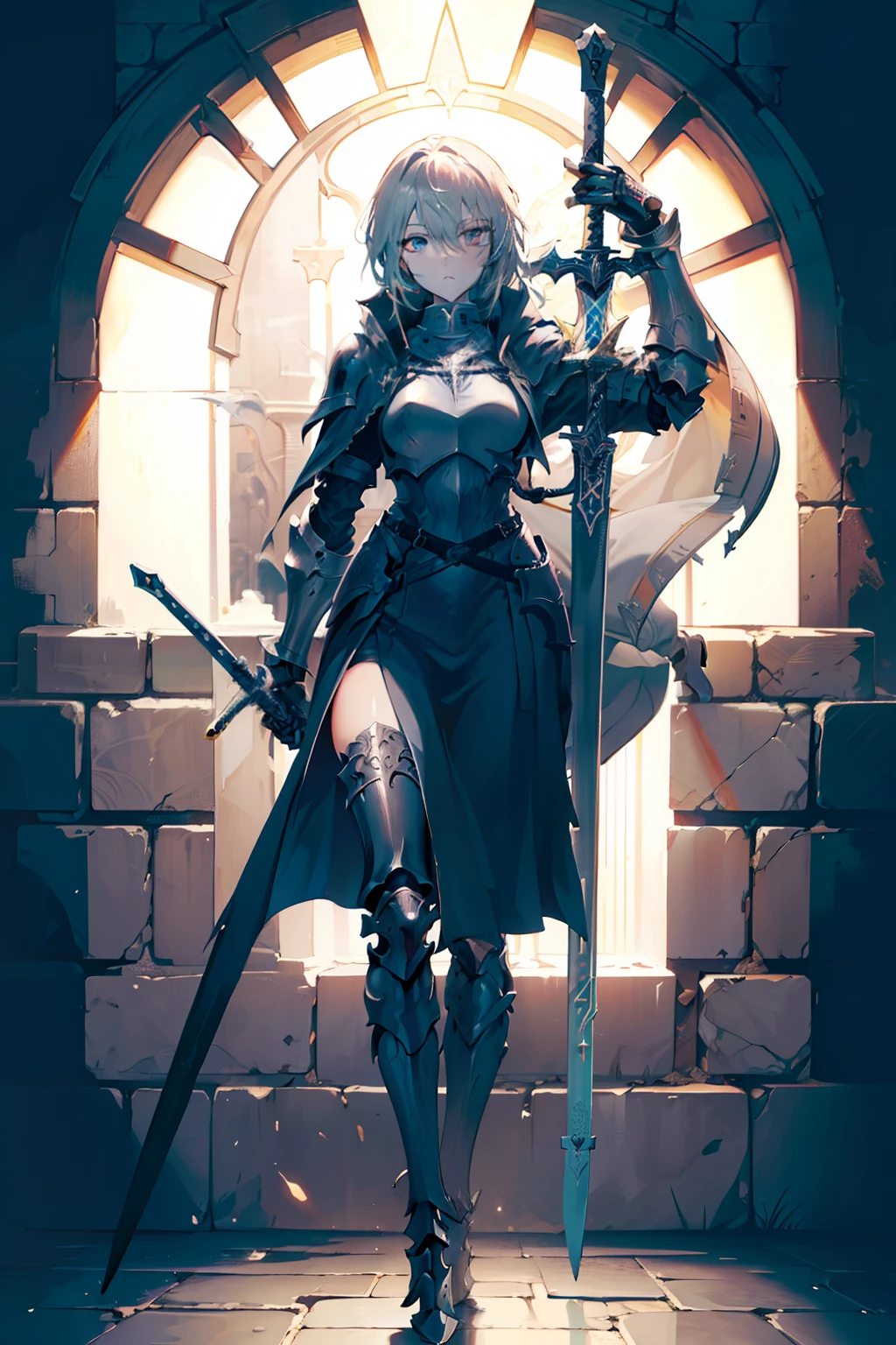 female knight, full body, (sword in one hand), ((dungeon)), fighting, (black coat), ((Detailed art)), ((high resolution)), (anime), ((modern art)), ((HD))