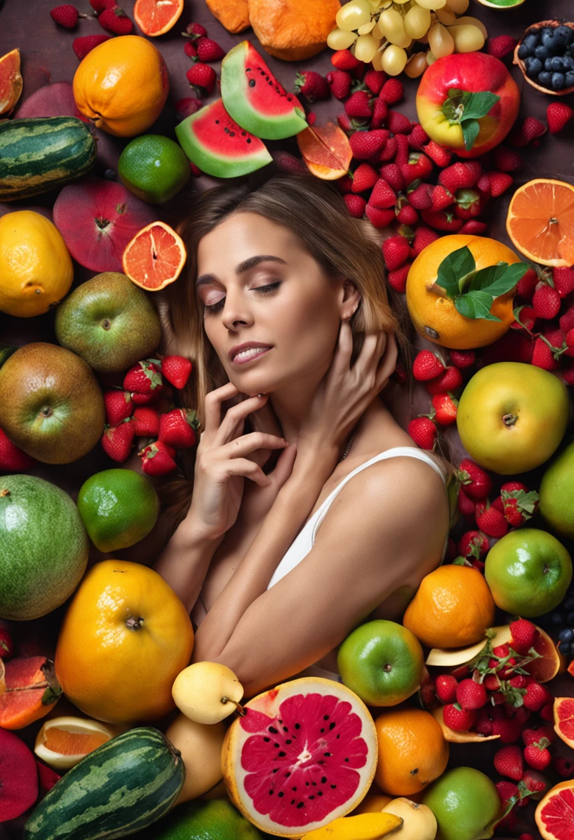 a young woman laying down in front of a table with fruit and cocktail, in the style of light red and light emerald, humorous imagery, wimmelbilder, close up