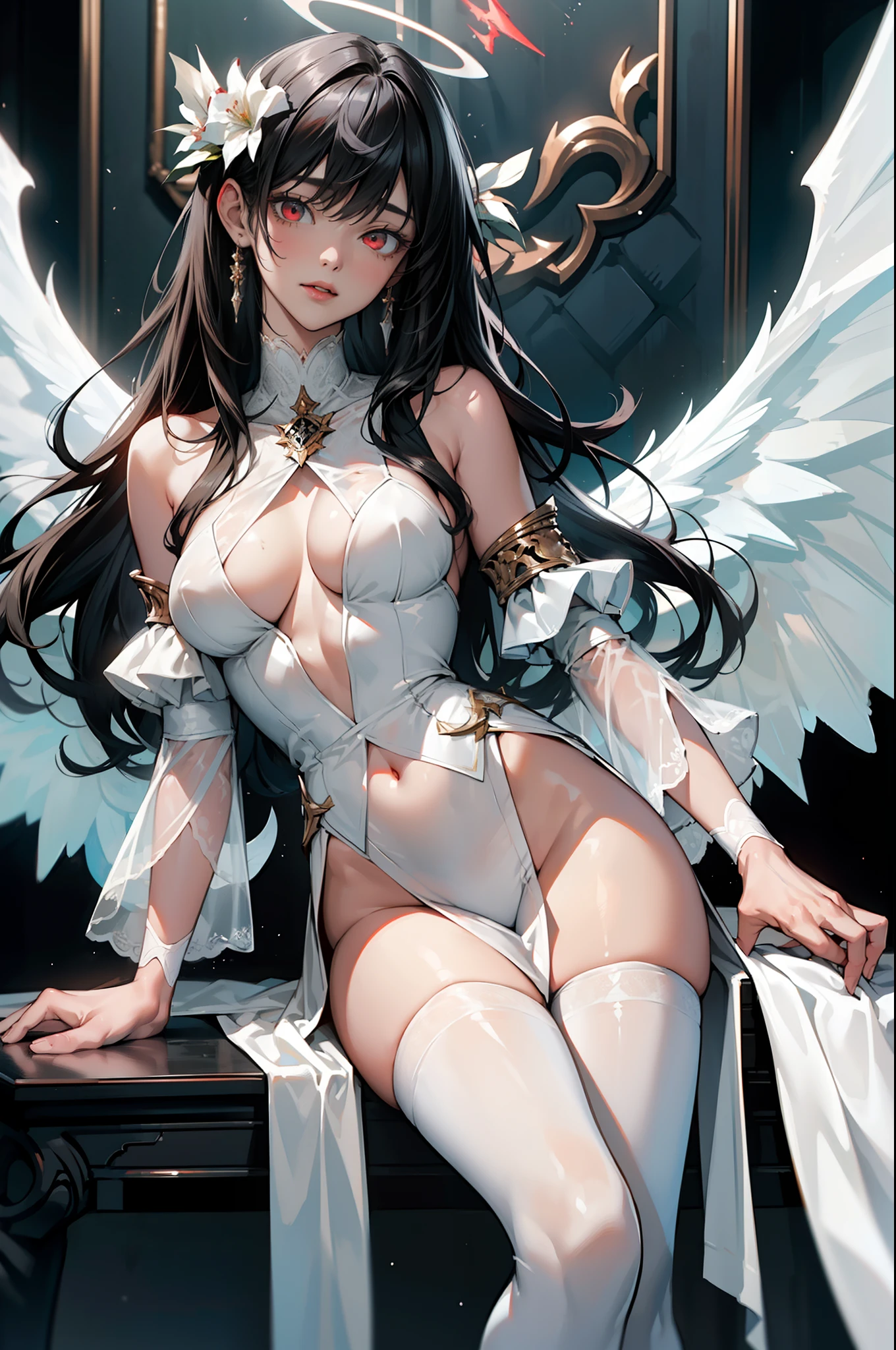 ((sfw)),(masterpiece, best quality),((high resolution 4k)), 1lady, solo, (white Scales, body cover with scales), halo, wings,fallen angel, black hair, loose waves, red eyes,white sheer clothings,white transparent lingerie,white stockings,white thigh highs