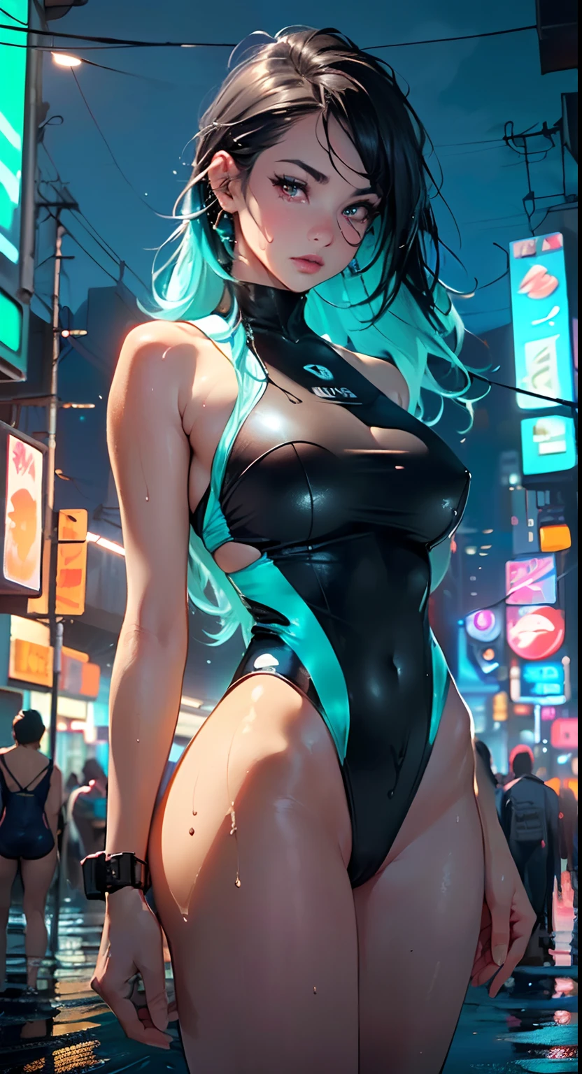 sporty girl with Asian features,(((1girl))),((girl with dark hair and turquoise highlights,)),

(large breasts:1.4),saggy breasts,(((Black hair with turquoise streaks:1.35,straight hair,long hair:1.4,colored inner hair,ear breathing))),((heterochromia:1.5,eye1 blue,eye2 turquoise,perfect eyes,upturned eyes:1.3,beautiful detailed eyes,finely detailed beautiful eyes:1,big highlight on eyes:1.2,slanted eyes)),((fat)),(((lustrous skin:1.5,bright skin: 1.5,skin tanned,shiny skin,very shiny skin,shiny body,plastic glitter skin,exaggerated shiny skin,illuminated skin, wet legs))),(spider lower abdomen,narrow waist,wide hip,athletic body,inflated legs,delicate detailed fingers,detailed body,detailed arms,human hands,(detailed face)),

cute,slutty,seductive,erotic,(((nsfw))),

((one-piece_swimsuit magenta,wearing a one-piece_swimsuit outfit:1.3,magenta swimsuit:1.3)),((wet clothes,detailed outfit,detailed clothes)),

(dynamic pose:1.0),embarrassed,(centered,scale to fit dimensions,Rule of thirds),

((((cyberpunk city by the ocean,huge buildings,neon signs,puddles)))),stormy sky,threatening sky,dark clouds,((synthwave background theme,detailed background : 1.25)),((((night,nice lighting decorations,detailed architecture)))),

(best quality,high resolution,sharp focus,ultra detailed,extremely detailed,extremely high quality artwork,(realistic,photorealistic:1.37),8k_wallpaper,(extremely detailed CG 8k),(very fine 8K CG),((hyper super ultra detailed perfect piece)),flawless,(((masterpiece))),illustration,vibrant colors,(intricate),High contrast,Selective lighting,Double exposure,HDR (High Dynamic Range),Post-processing,Background blur,