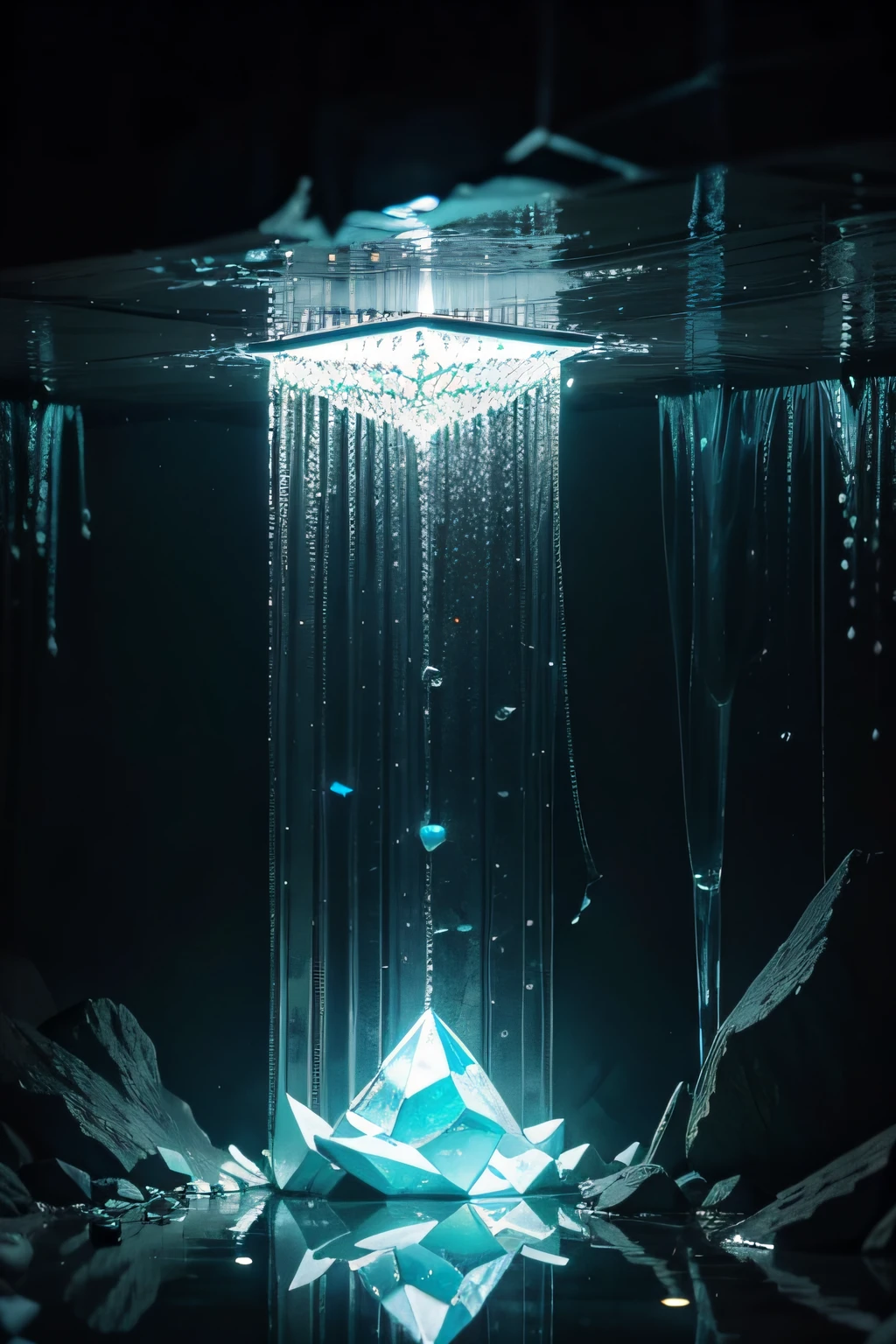 Underground crystal, cool reflective light, cyan river, small waterfall