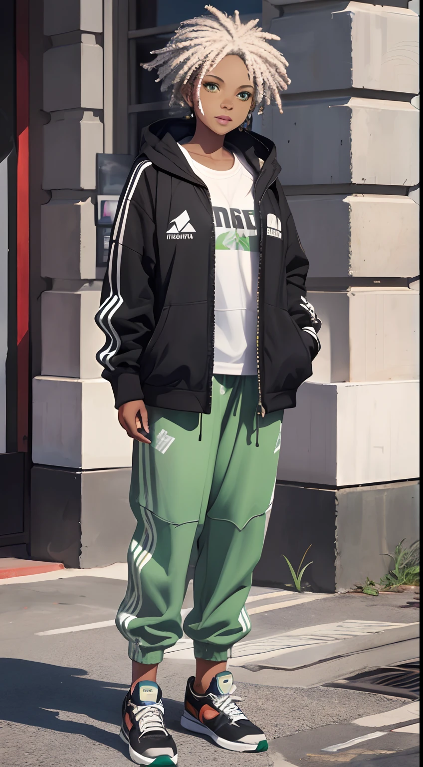 A black woman,Gray hair,Green eyes,baggy clothes,cotton socks,athletic sneakers,Authentic skin details,Beautiful facial details,hyper HD,8K,Realistic painting style