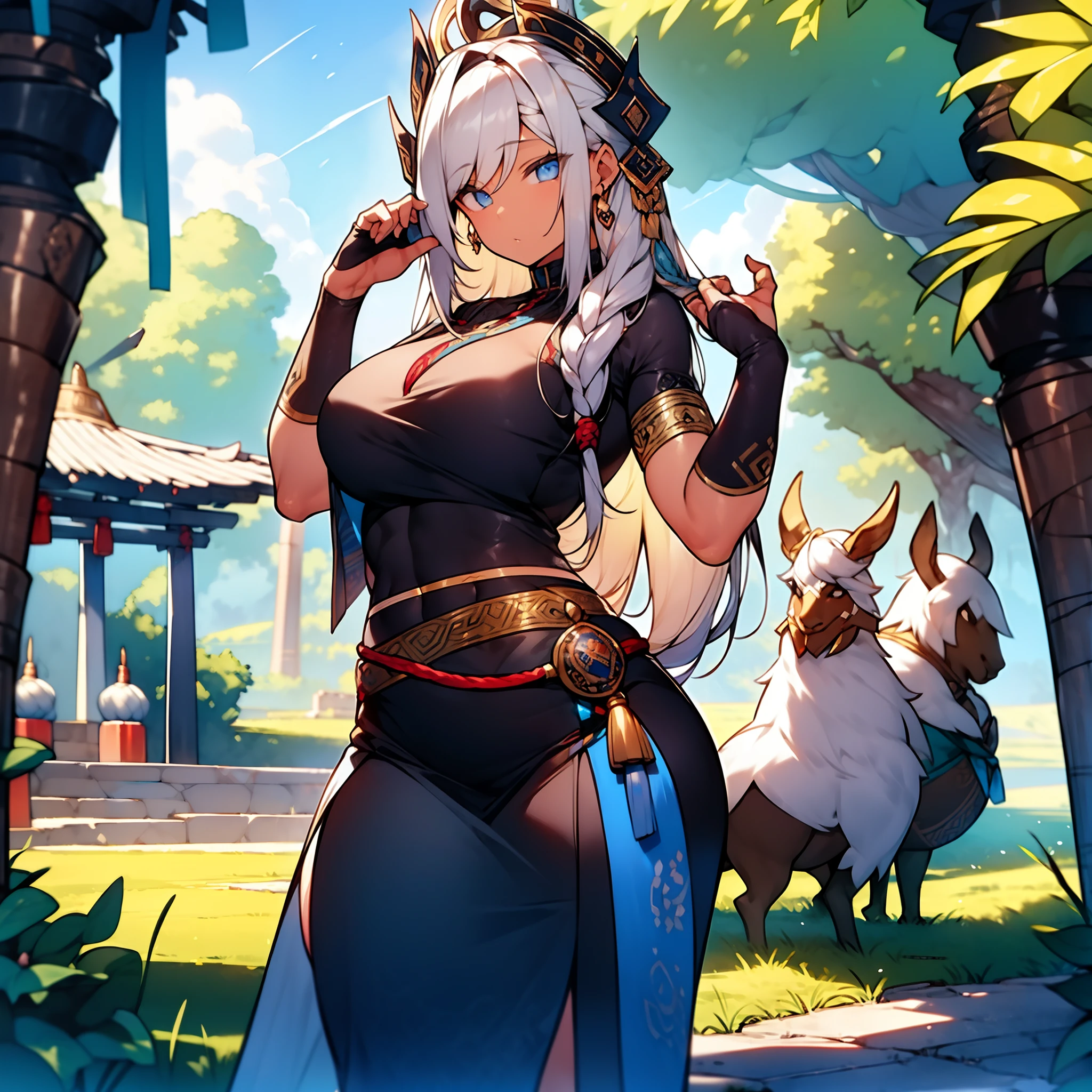 (obra maestra) (La mejor calidad) Un legendario y hermoso guerrero vikingo lleva un hacha impresionante y un gran escudo redondo. She is in an open-air temple in a clearing...., Windy day. Ella es muy hermosa, algo musculoso, wearing runic tattoos all over his body. (((only one Women))) ((pechos grandes))
