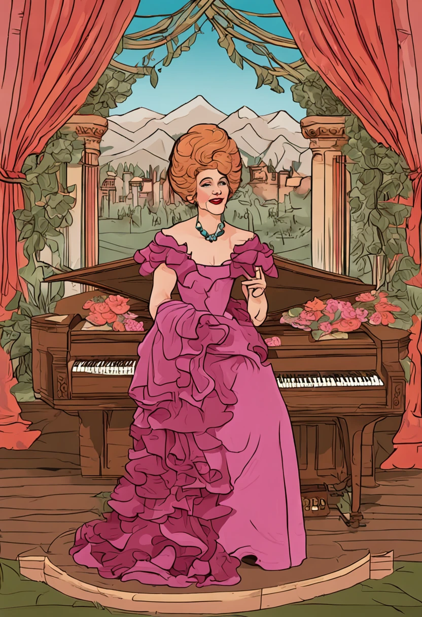 Generate an image that captures Beverly Sills' passion for music and opera, with elements of stage performances.