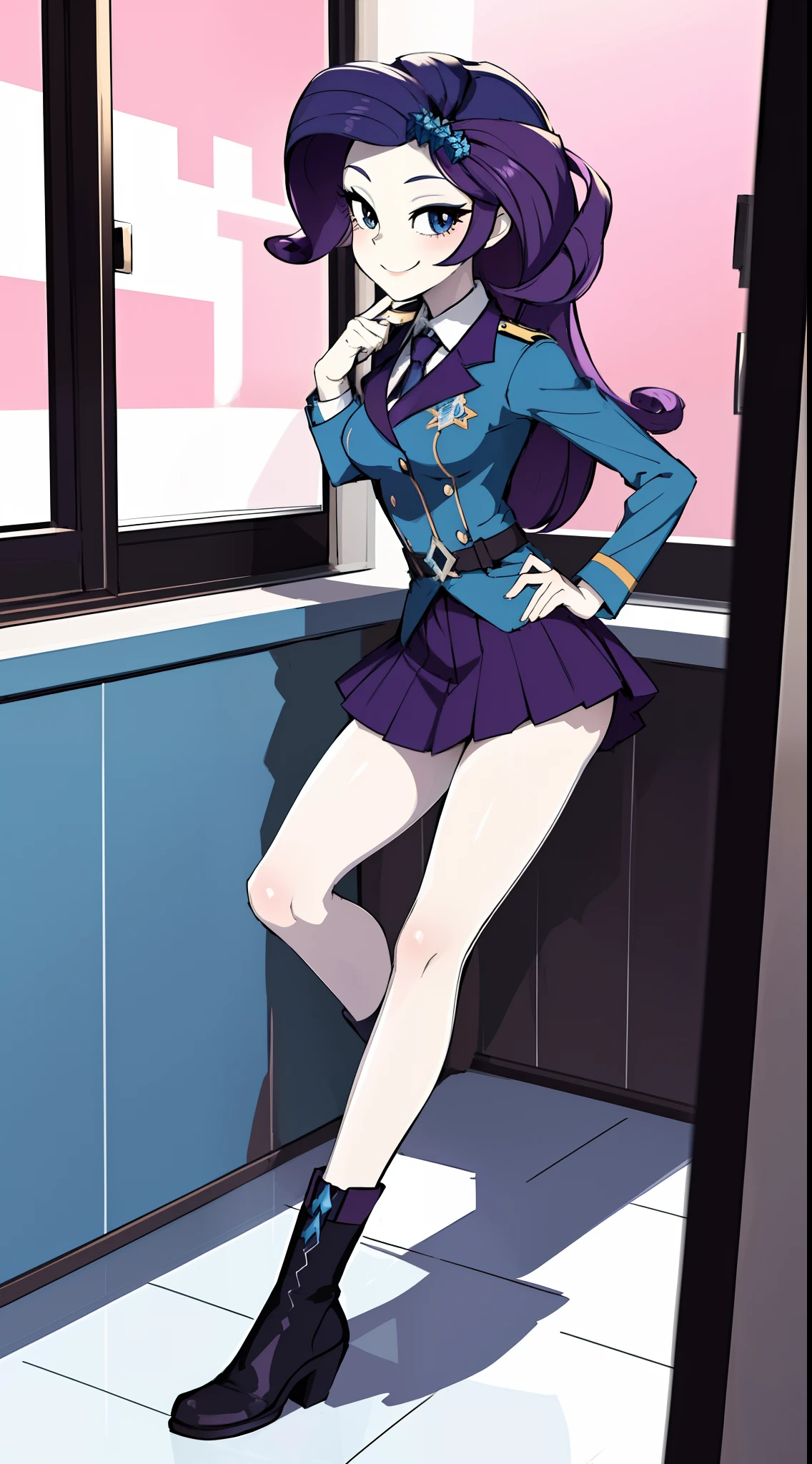 masterpiece,best quality,1girl,solo,mlprarity,colored skin,hair ornament,purple hair,blue eyes, sexy uniform,posing, full body, smile