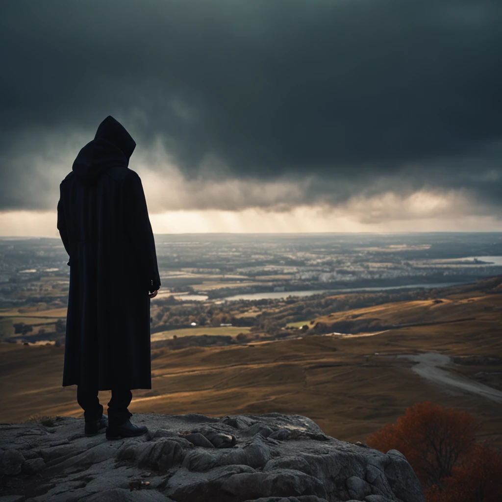 Sitting on a high cliff and looking at the ager in the distance, Wear a black hood and black trench coat, The time is dusk, Tonalism, god rays, symmetry, first-person view, from above