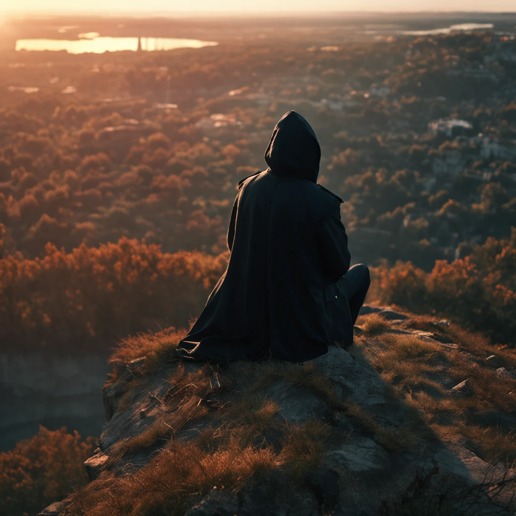 Sitting on a high cliff and looking at the teenager in the distance, Wear a black hood and black trench coat, The time is dusk, Tonalism, god rays, symmetry, first-person view, from above