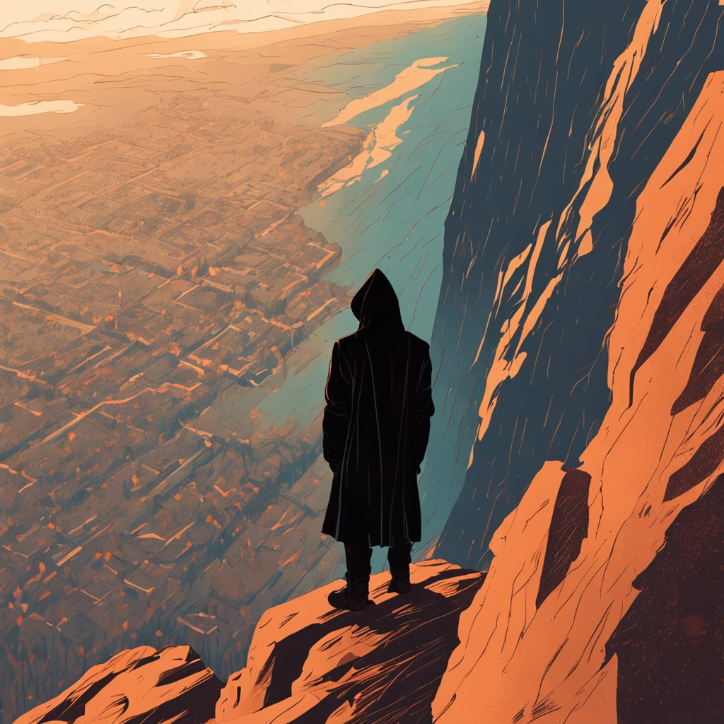 Sitting on a high cliff and looking at the teenager in the distance, Wear a black hood and black trench coat, The time is dusk, Tonalism, god rays, symmetry, first-person view, from above