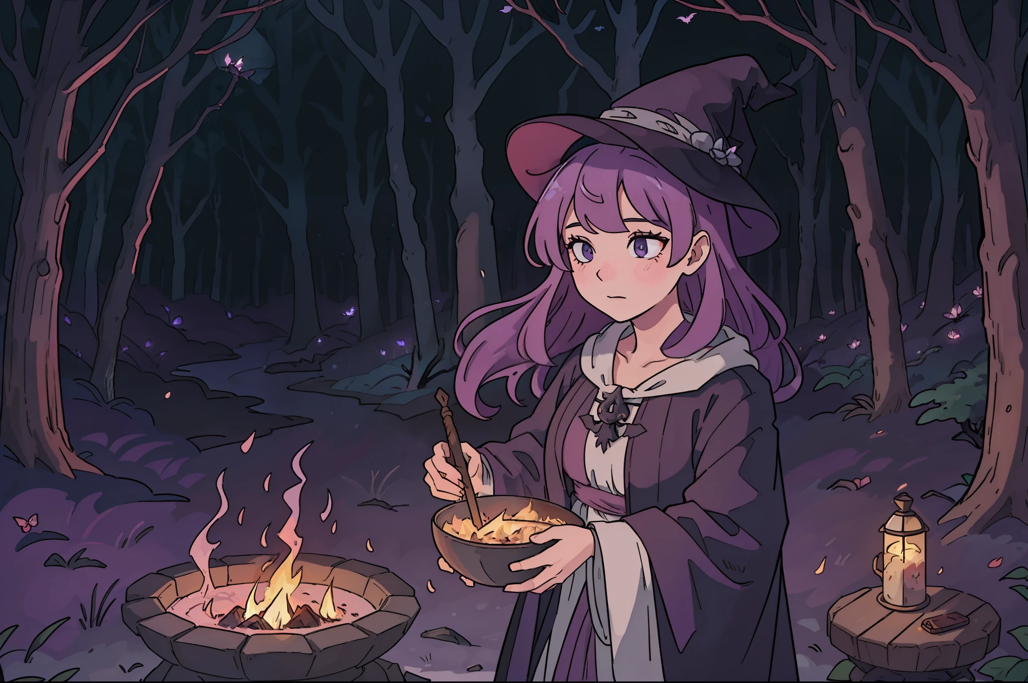Close up of a witch in a clear in the woods. She cooks a magic potion on a big cauldron over a camp fire. She wears a multilayered dress, black and dark purple fabric with silver embellishments. Long messy wavy pink hair, big pointy hat. She is surrounded by a swarm of moths and bats of different shapes and tones. Dynamic image. Magical dark flowery forest as background, night, stormy, moonlight filtering through the trees. Realistic