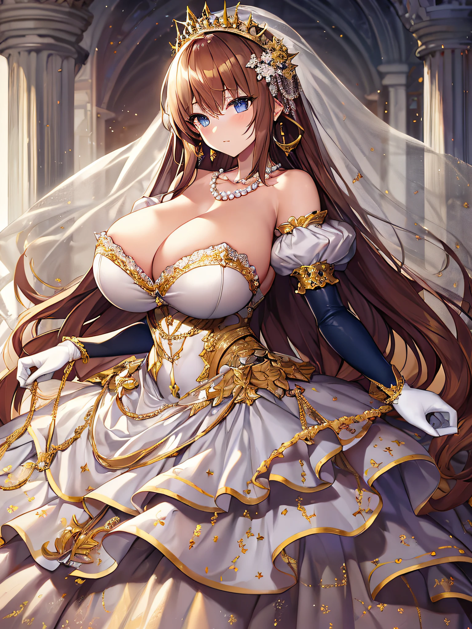 anime artstyle,Best quality, Masterpiece, princess as a royal bride wearing a stately and elaborate royal wedding dress of white satin and tulle adorned with huge ribbon, gigantic tits,Long tits,lace, frills, flounces, embroidery and jewels, with enormous puffed sleeves, an hourglass waist and a voluminous crinoline hoopskirt, bustle,long train, long white gloves, pearl necklace and earrings,arge amount of straight hair,extremely Long voluminous Hair