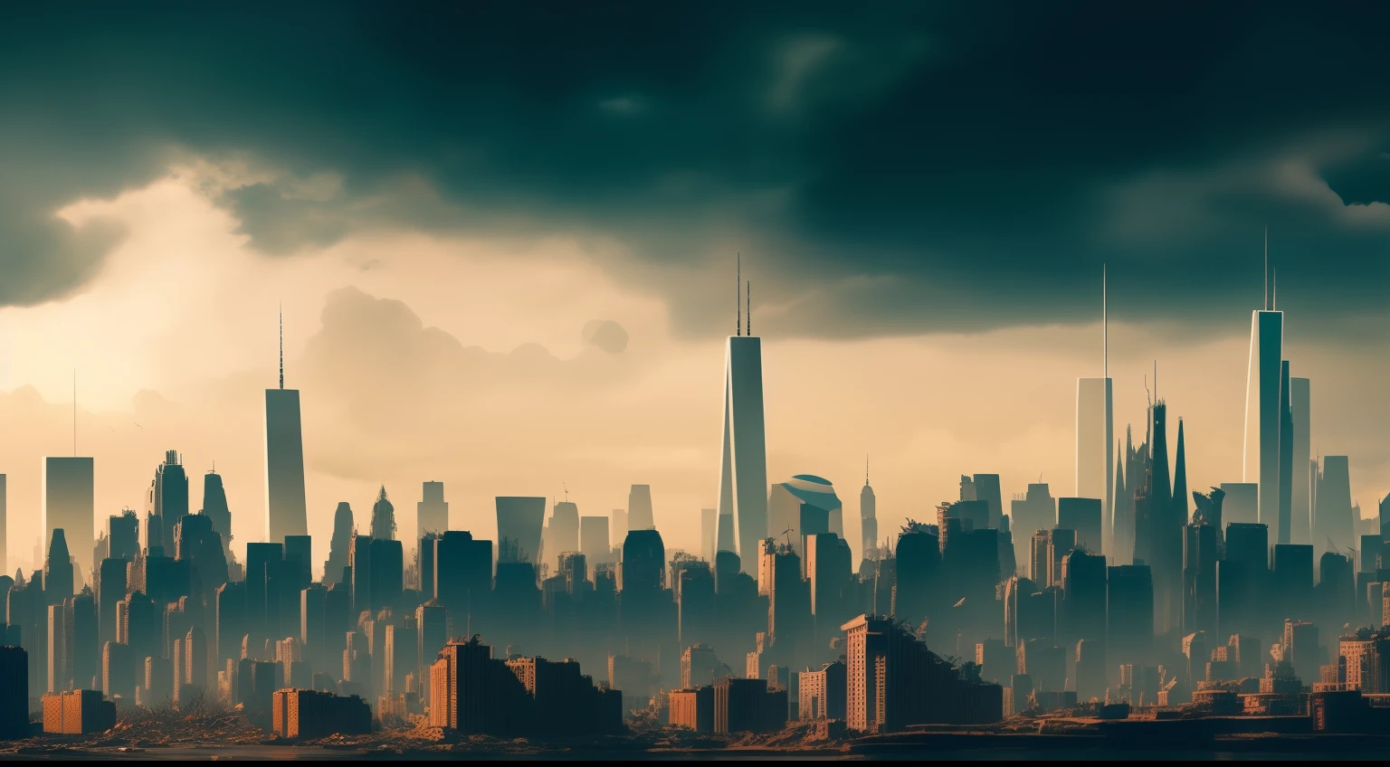 arafed city skyline with skyscrapers and a cloudy sky, post apocalyptic new york, apocalyptic city, destroyed city, post - apocalyptic city, destroyed city in the background, dystopian scifi apocalypse, digital concept art of dystopian, apocalyptic city backround, ruined cityscape, apocalyptic future city, apocalyptic architecture, post apocalyptic city, destroying new york city, in a ruined cityscape