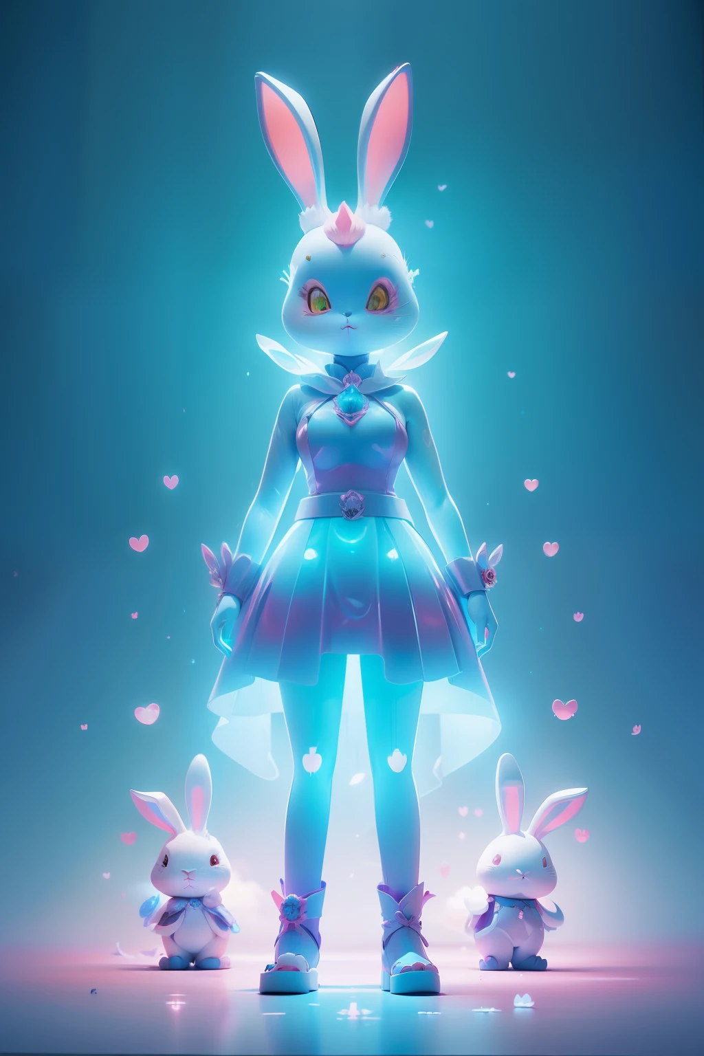 (((edgBunny))),edgBunny,(((Behind it is a huge rabbit))),A woman of outstanding figure,jewely,Amazing work,Vitreous luster,clean backdrop,High gloss,blue colors,In pink,cyan colors,red colour