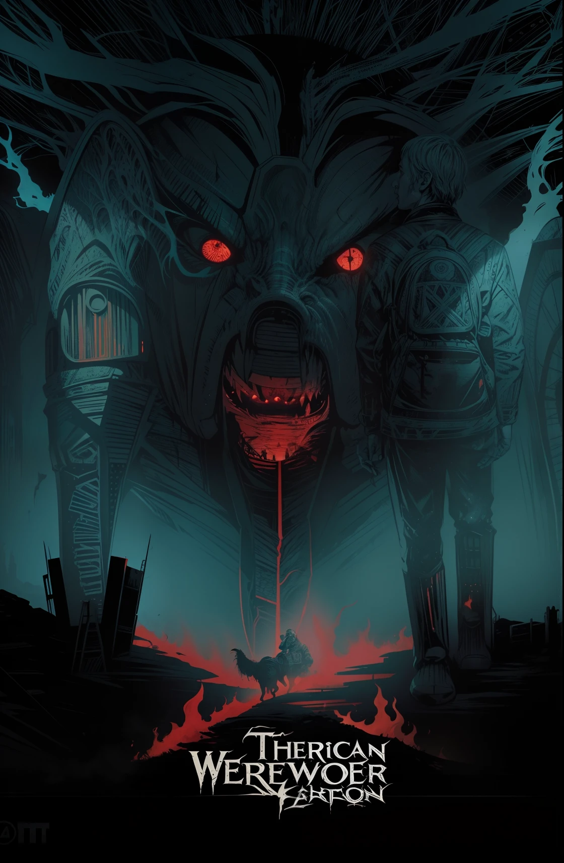 An American Werewolf poster in London, arte de terror elegante, arte de terror, lobisomem", arte de terror 4k detalhada, arte detalhada assustadora em cores, arte de terror digital, 1 3 obras de arte de filmes fantasmas, horror illustration, twin peaks poster art, arte do cartaz do filme de terror, estilo poster de filme de terror, No estilo de arte de Dan Mumford, El Bosco e Dan Mumford