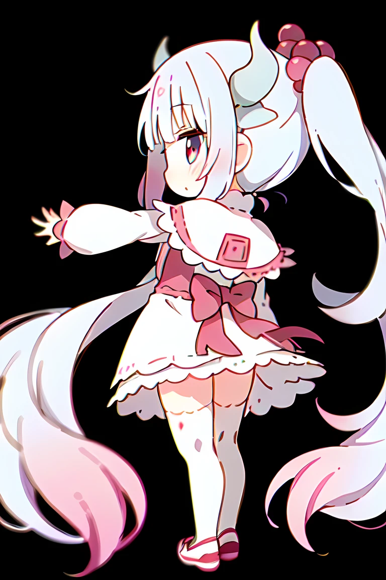 (masterpiece, top quality, best quality), 1girl, (child:1.5), (from behind),white background, flat chest, solo, standing, kannakamui, dragon horns, hair beads, low twintails, dress, White thighhighs, Red shoes, Kanna,