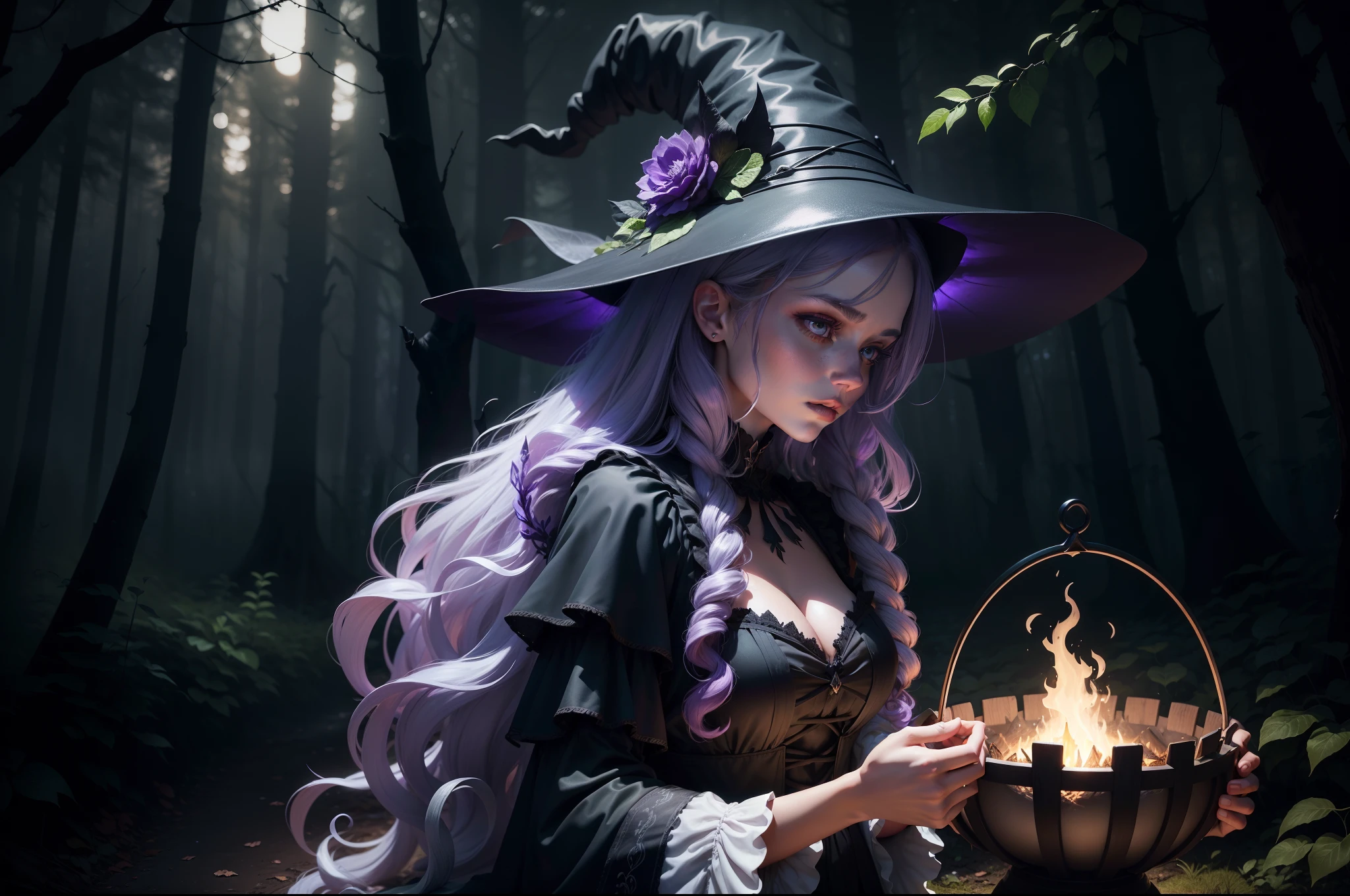 Close up of a witch in a clear in the woods. She cooks a magic potion on a big cauldron on a camp fire. She wears a multilayered dress, black and dark purple fabric with silver embellishments. Long messy wavy lilac hair, big pointy hat. She is surrounded by a swarm of moths and bats of different shapes and tones. Dynamic image. Magical dark flowery forest as background, night, stormy, moonlight filtering through the trees. Realistic