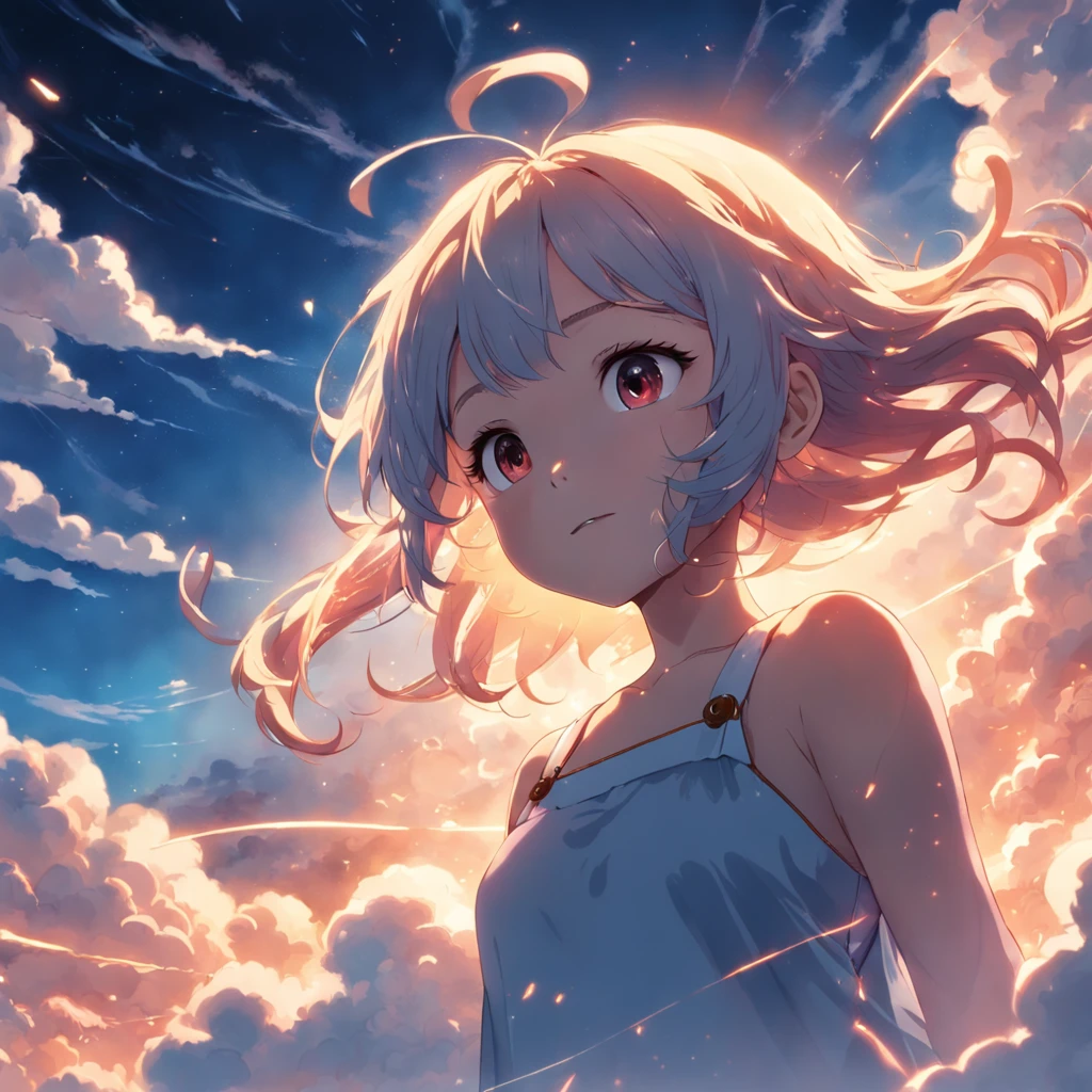masterpiece, best quality, movie still, 1girl, cloud girl, floating in the sky, close-up, bright, happy, warm soft lighting, sunset, (sparks:0.7)