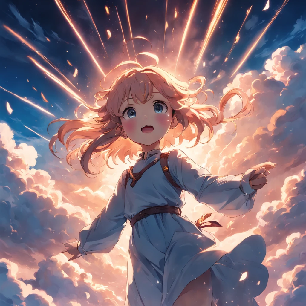 masterpiece, best quality, movie still, 1girl, cloud girl, floating in the sky, close-up, bright, happy, warm soft lighting, sunset, (sparks:0.7)