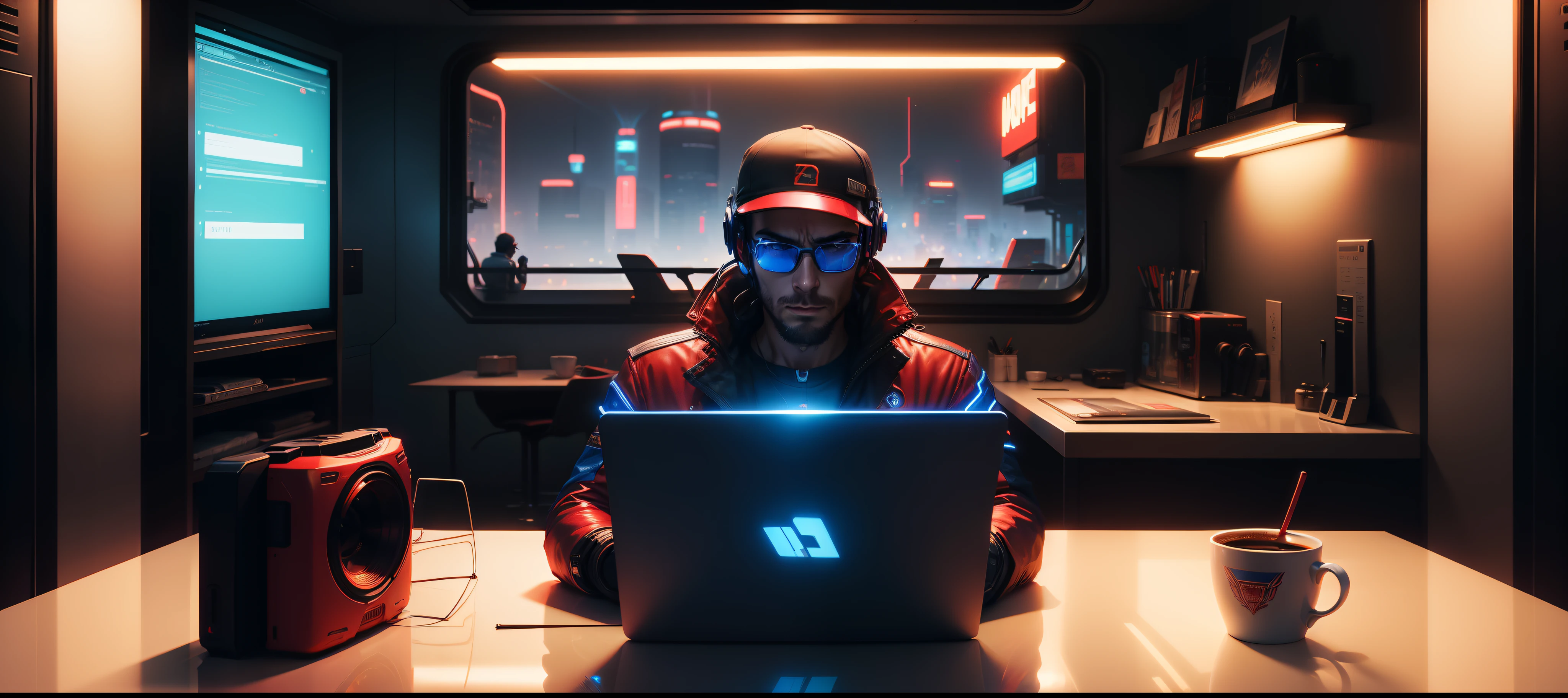 The man with the red and blue glasses ,futuristic background, tema cyberpunk, luz neo azul, cup of coffee on table