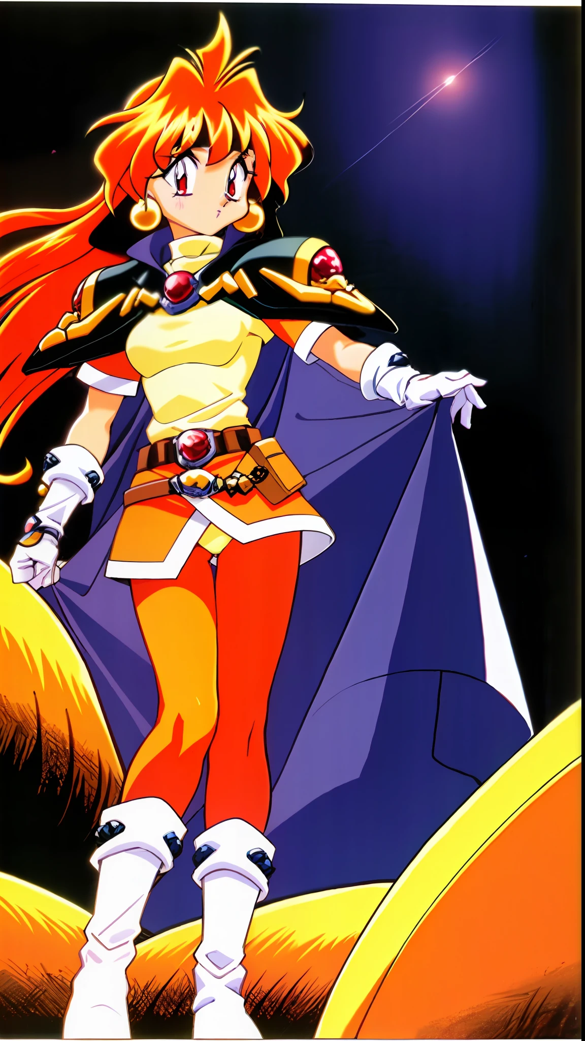 masterpiece, best quality, ultra-detailed, illustration, 1girl, 1990s \(style\), belt, boots, cape, earrings, gloves, headband, jewelry, lina inverse, long hair, pantyhose, red eyes, red hair, orange hair, retro artstyle, solo, traditional media,