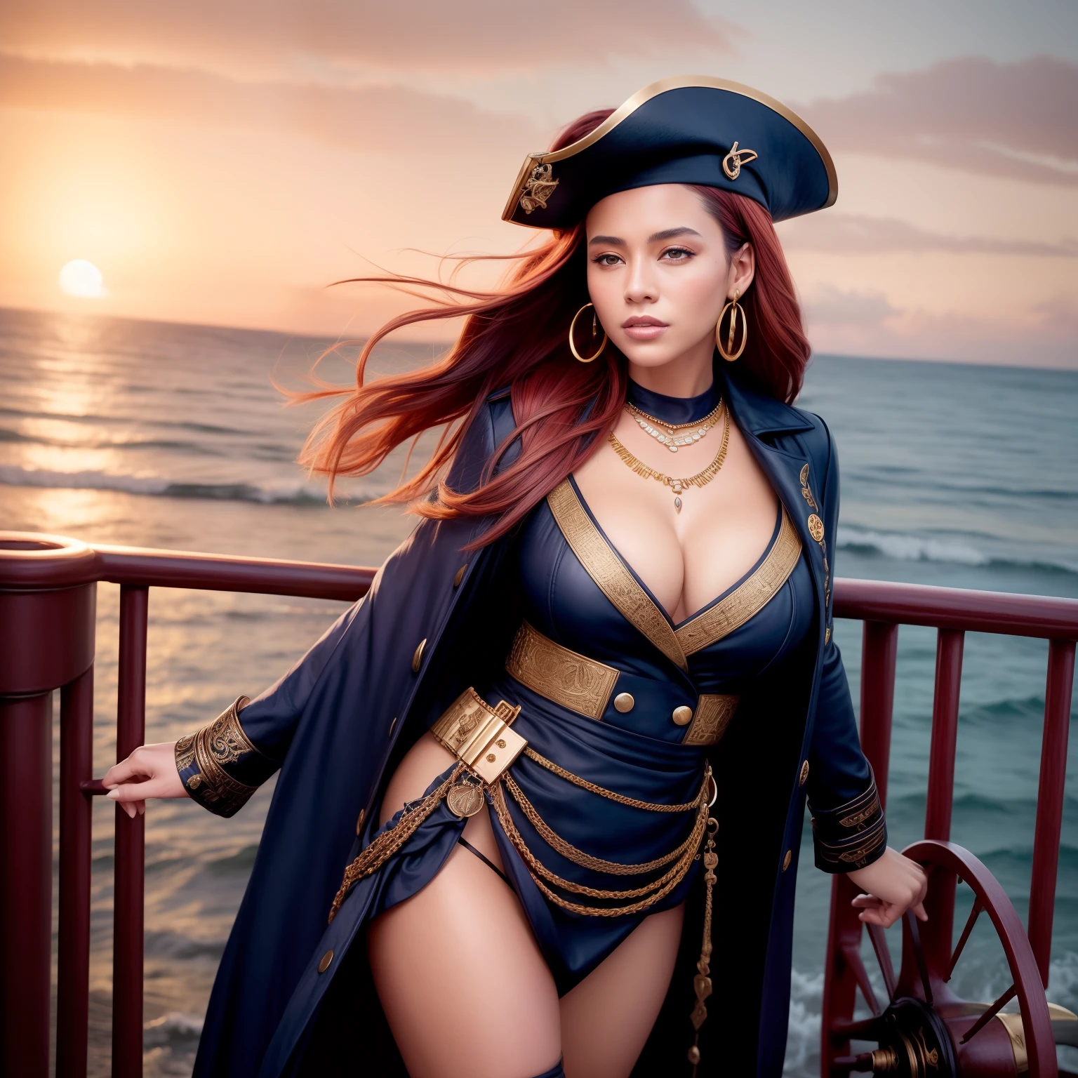 Ultra-detailed, cinematic photorealistic portrait of a strikingly beautiful female pirate captain confidently standing at the wheel of a weathered ship at sunset, photographed on 35mm film with an 85mm lens and soft diffused lighting, wearing a black tricorne hat over wavy red hair, embroidered navy blue coat with gold buttons, black leather heeled boots, intricate gold earrings and necklace, vast crashing ocean waves and vibrant purple sky behind her, intricate details on the ship's wheel and rails, dramatic pose as she grasps the wheel, photographed for a Louis Vuitton fashion campaign by Peter Lindbergh.