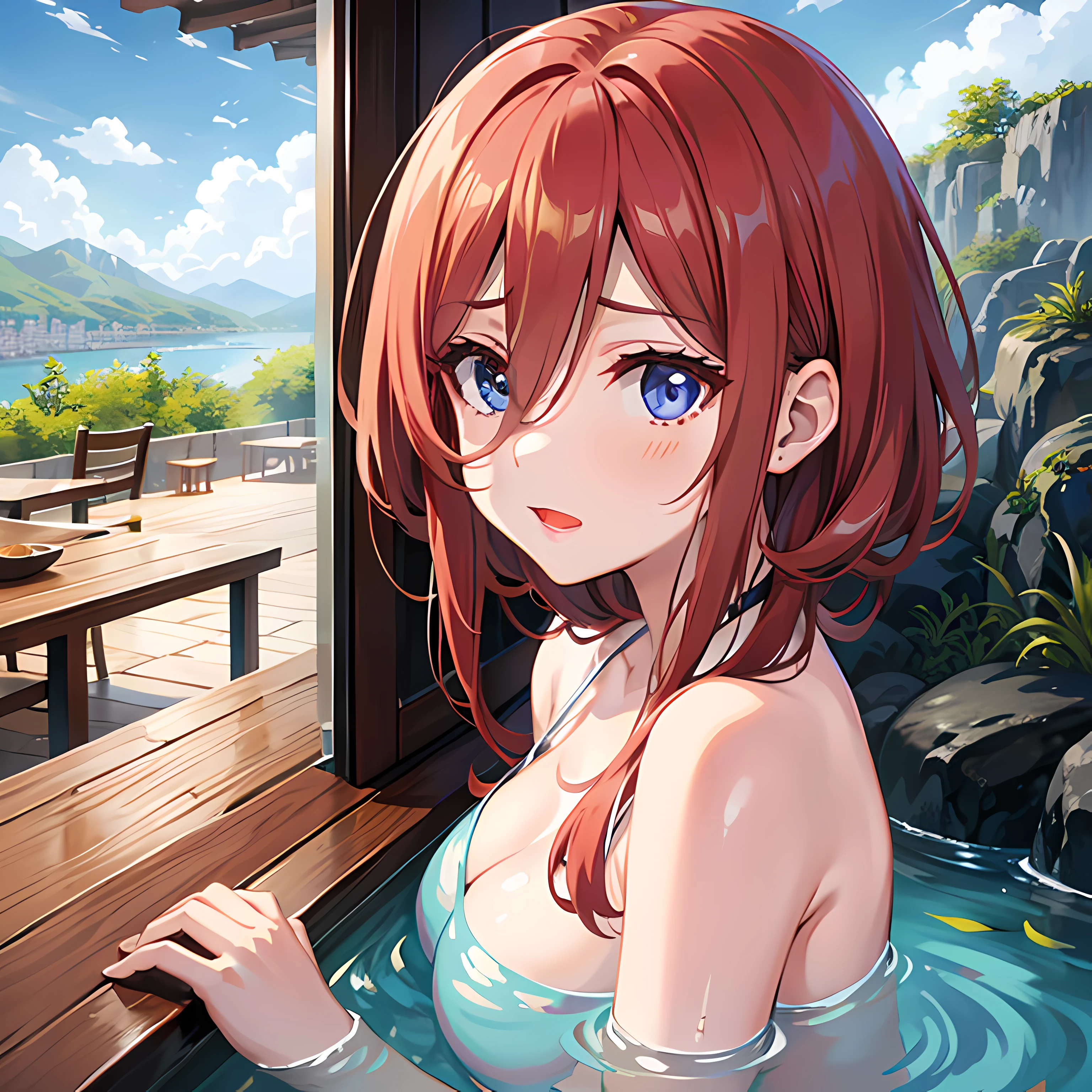 Redhead Girl, sozinho, soio, olhos azuis, Cidade de Onsen, Yukata