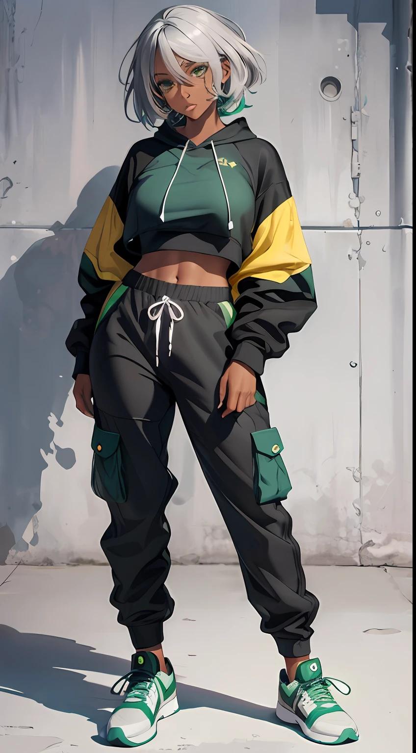 Sexy black woman,Gray hair,Green eyes,baggy clothes,Cotton socks,athletic sneakers,Authentic skin details,Beautiful facial details,hyper HD,8K,Realistic painting style