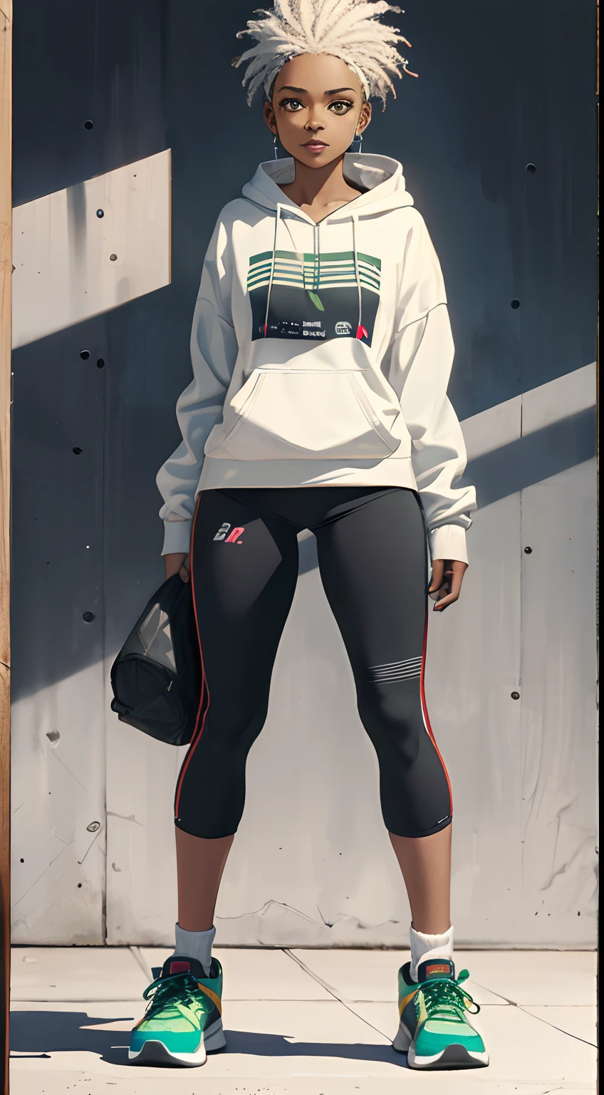 Sexy black woman，Gray hair，Green eyes，baggy clothes，Cotton socks，athletic sneakers，Authentic skin details，Beautiful facial details，hyper HD，8K，Realistic painting style