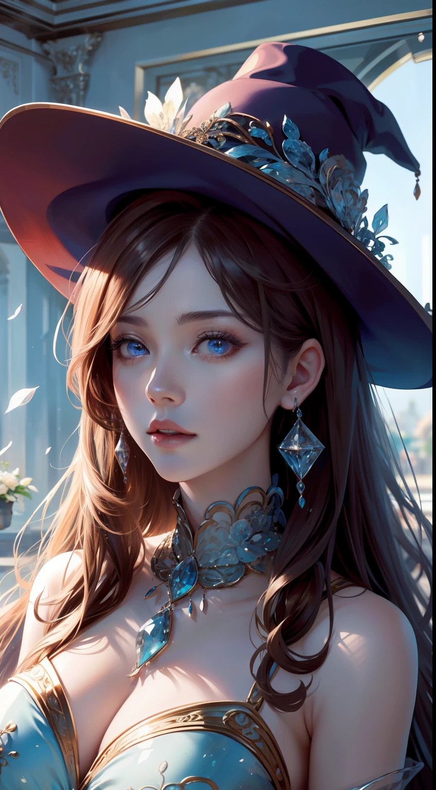 tmasterpiece,Highest high resolution,Dynamic bust of beautiful aristocratic maiden,Brown chestnut hair elegantly coiled,((Wearing a huge blue hat)),Purple clear eyes,The hair is covered with beautiful and delicate floral craftsmanship, Crystal jewelry filigree,Ultra-detailed details,upscaled。