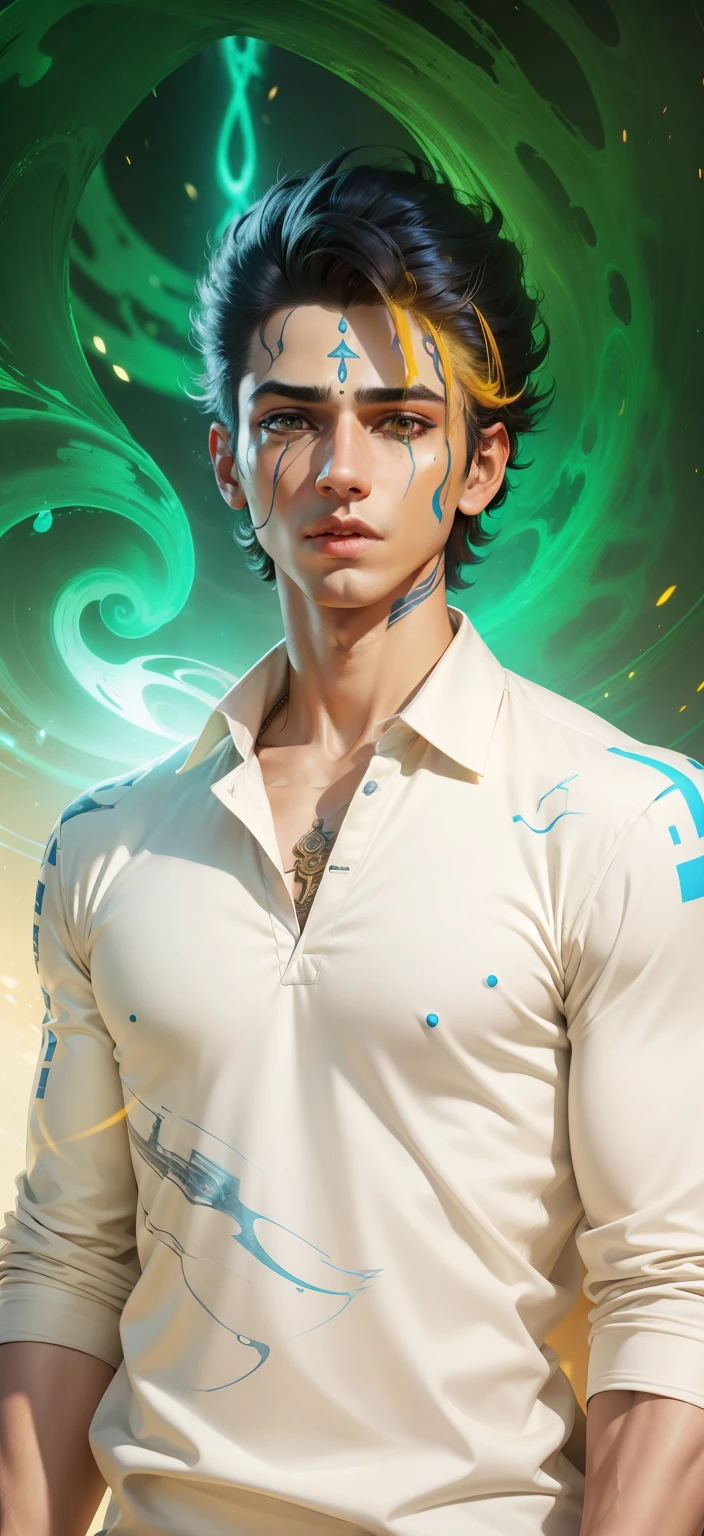 Boy With God futuristic Mahadev background realistic face yellow hair ,om Shirt ultra high quality HD