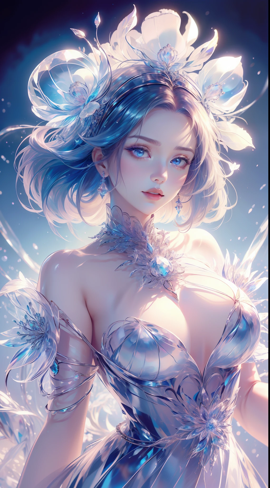 tmasterpiece，Highest high resolution，((magic orb))，Dynamic bust of beautiful aristocratic maiden，Blue hair is elegantly coiled，（(Wearing a huge flower crown))，Purple clear eyes，(((The hair is covered with beautiful and delicate floral craftsmanship, Crystal jewelry filigree)))，Ultra-detailed details，upscaled，The earth rises。