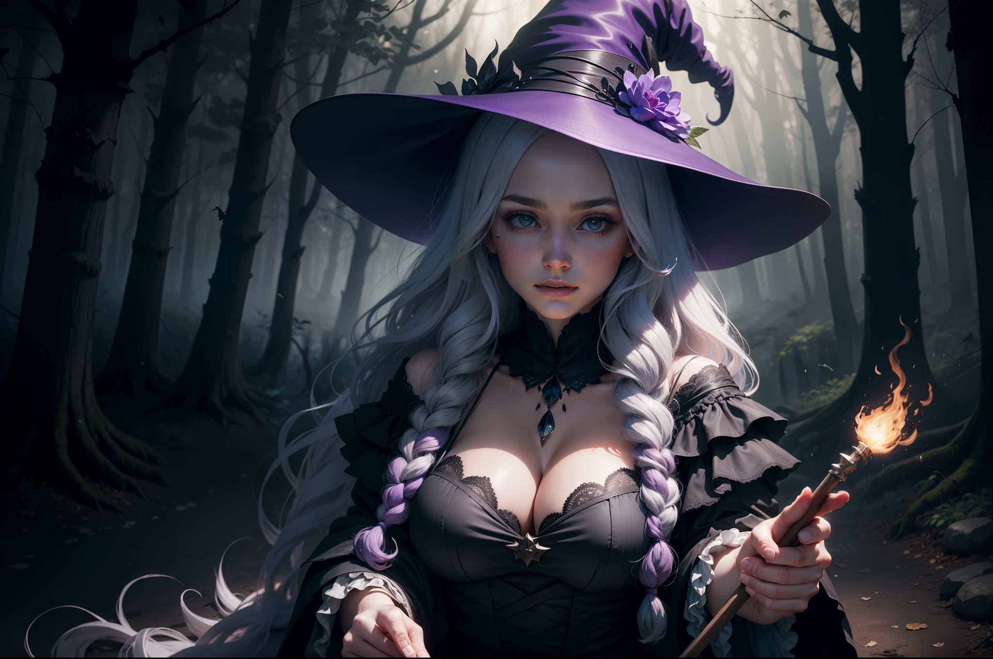 Close up of a witch in a clear in the woods. She cooks a magic potion on a big cauldron on a camp fire. She wears a multilayered dress, black and dark purple fabric with silver embellishments. Long messy wavy lilac hair, big pointy hat. She is surrounded by a swarm of moths and bats of different shapes and tones. Dynamic image. Magical dark flowery forest as background, night, stormy, moonlight filtering through the trees. Realistic