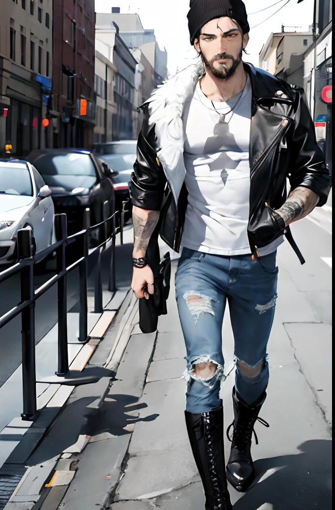 (​masterpiece:1.2、top-quality),  独奏, The upper part of the body, huge tit, In the photo、A man is seen wearing a fitted black leather jacket over a plain white t-shirt and dark wash jeans。Leather jackets add edgy masculinity to outfits、The combination of white t-shirt and jeans keeps a casual and friendly look。
The man is wearing black lace-up boots、Complement the leather jacket、It adds a ruggedness to the costume。He also、Not only does it add a trendy element to the look、I wear a black beanie that keeps my head warm even in cool weather。
Photo settings are、Because men's clothing and accessories are suitable for such environments、It could be a city street or a trendy downtown area。He has a black messenger bag、While maintaining a stylish look、Add a touch of practicality to the outfit。
The man's hair is styled in a messy yet deliberate way.、suggests that he values a laid-back and effortless appearance。His facial hair is also well groomed.、It adds to the sturdiness and masculinity of the appearance。
As a whole、The photo is、It depicts a man who values the balance between edgy friendliness in his fashion choices。Photo settings are、He is comfortable in a trendy urban environment and、suggests that he enjoys expressing his unique style in such settings。