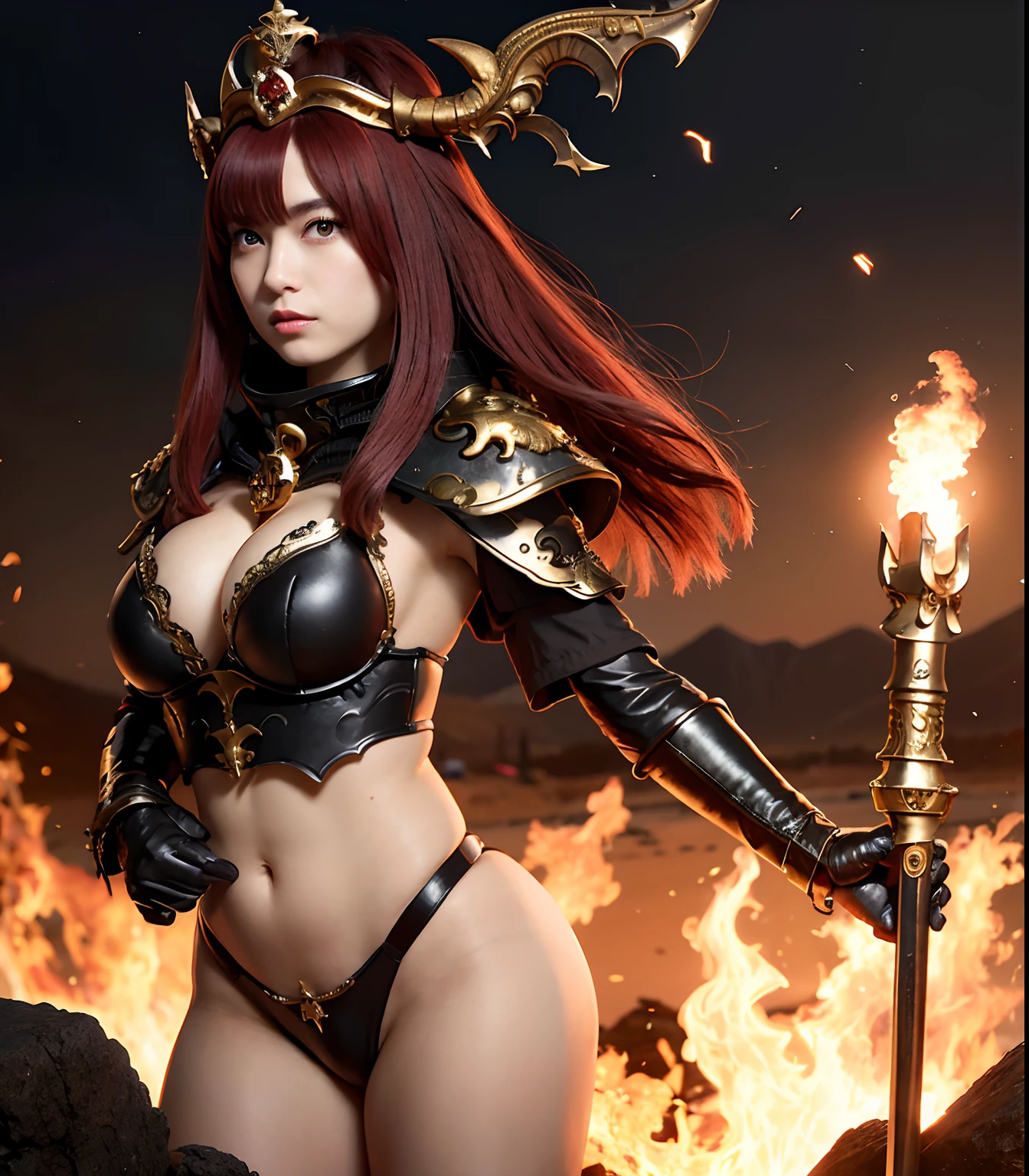 (masutepiece), Professional , ​masterpiece、top-quality、photos realistic , depth of fields （Dragon Black Metal Body:1.９),(Matte Black、（cleavage of the breast）、Dragon Gold Weapon、（bikini-armor),Gorgeous gold weapons ,（（ Dragon's dense and gorgeous sword）） , Beautiful knife   ,warhammer 40k , adepta sororitas,Detail and gorgeous crown、（（Red hair））、（Castle background）、The dragon、（（Gangle's forest background））、Beautiful Caucasian beauty、（１a person）、dynamic ungle,(((Detailed and ornate Black Devil Crown)))、Smaller head、Strange smile、Castle background、Thin and beautiful female hands、cleavage of the breast、Soldier in iron armor on background、Mystical expression、Light Effects、intense fighting、Wind-effect、magic circles、With the legendary magic wand、（demonic wings）、