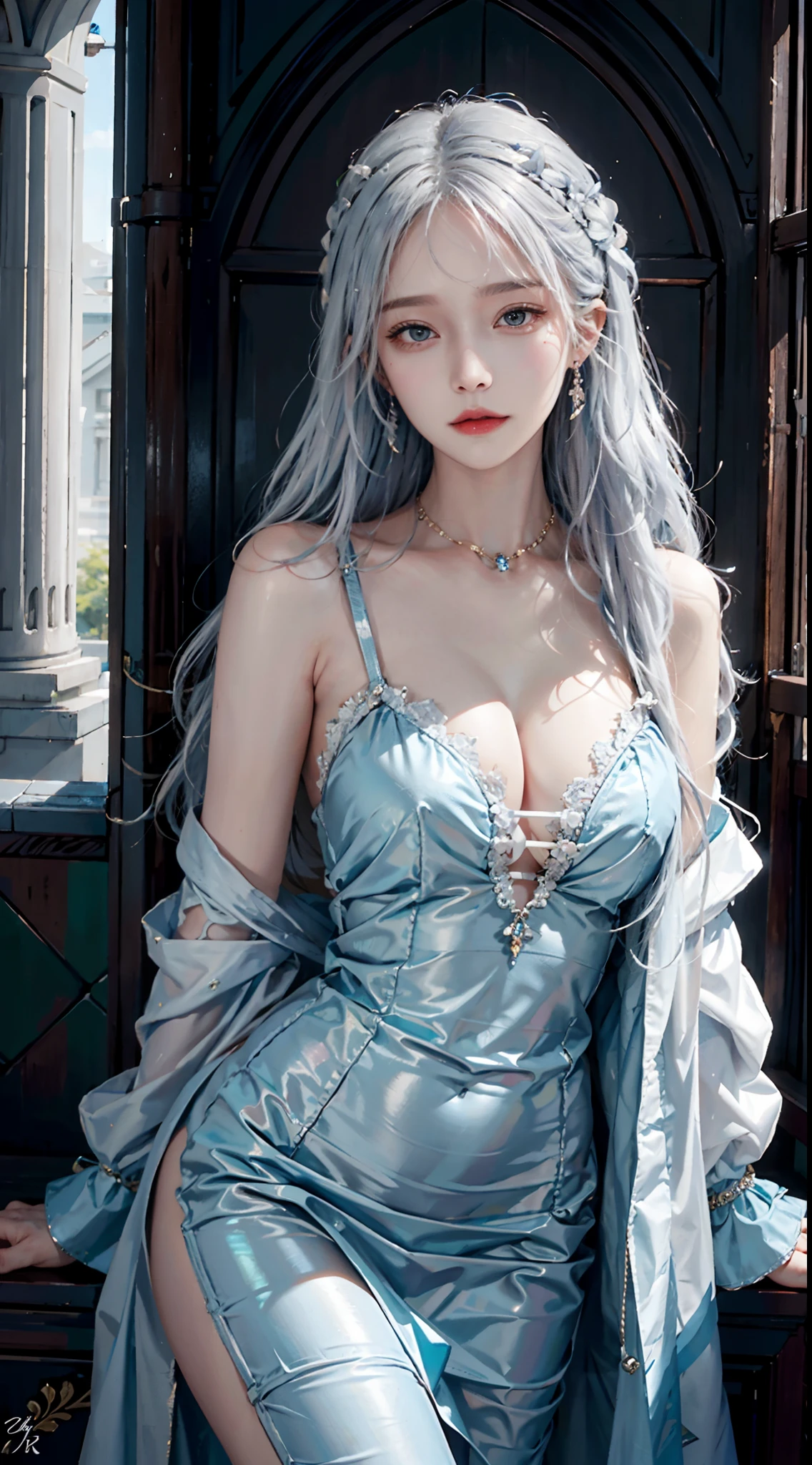 photorealistic, high resolution, soft light,1women, solo, hips up, shining skin, (detailed face), jewelry, tattoo, blue clothes, white hair