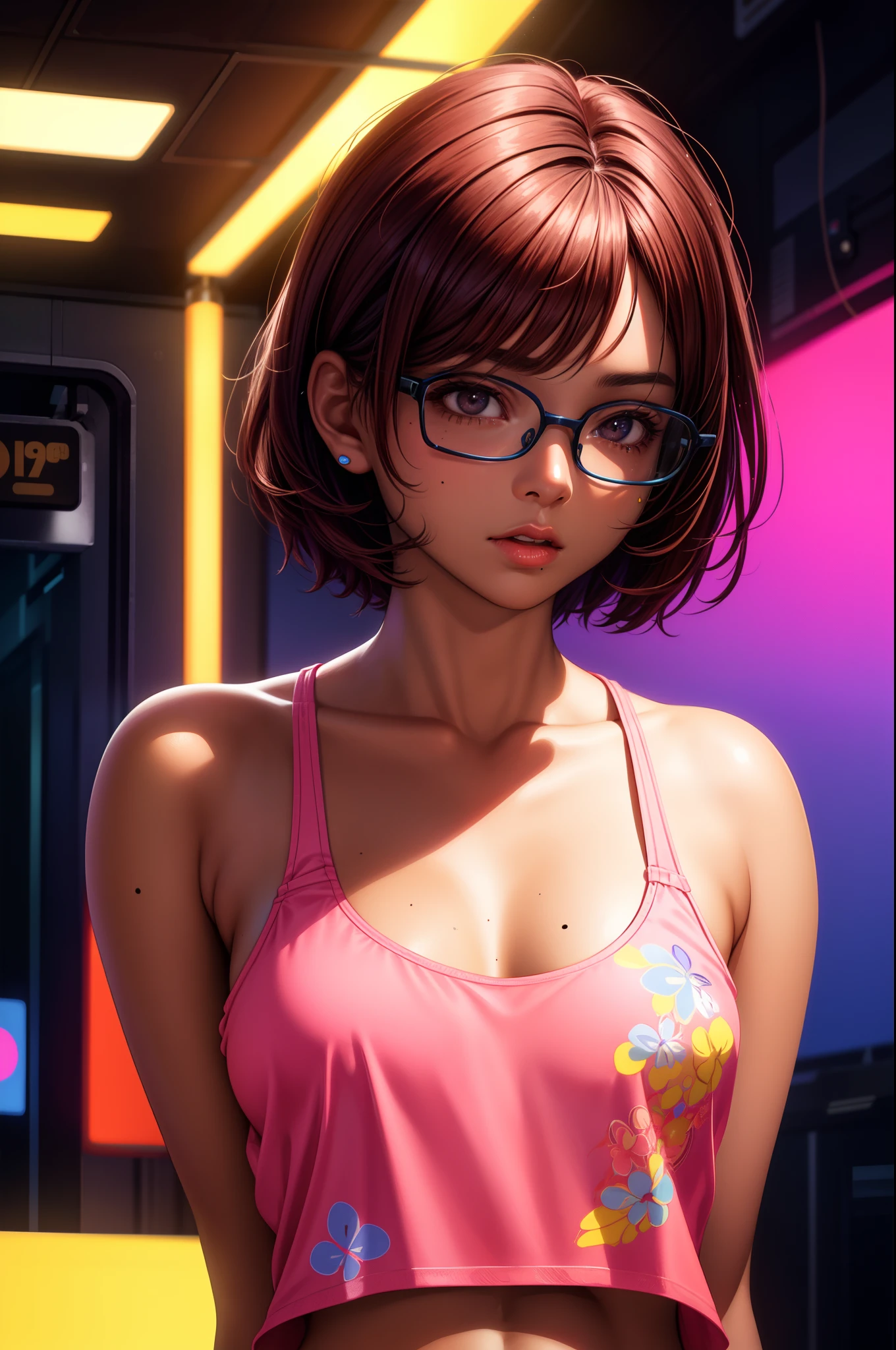 1girl, beautiful girl, brown skin, wearing eyeglasses, small mole on her left cheek, brown skin girl, small breasts, (short red hair) , (black eyes), realistic eyes, beautiful and big eyes), neon lights, neon girl, neon wallpaper, neon clothes, imaginary, 8k wallpaper, Light and cool lighting, photo realistic, Cel shaded, Gel lighting, ultra details