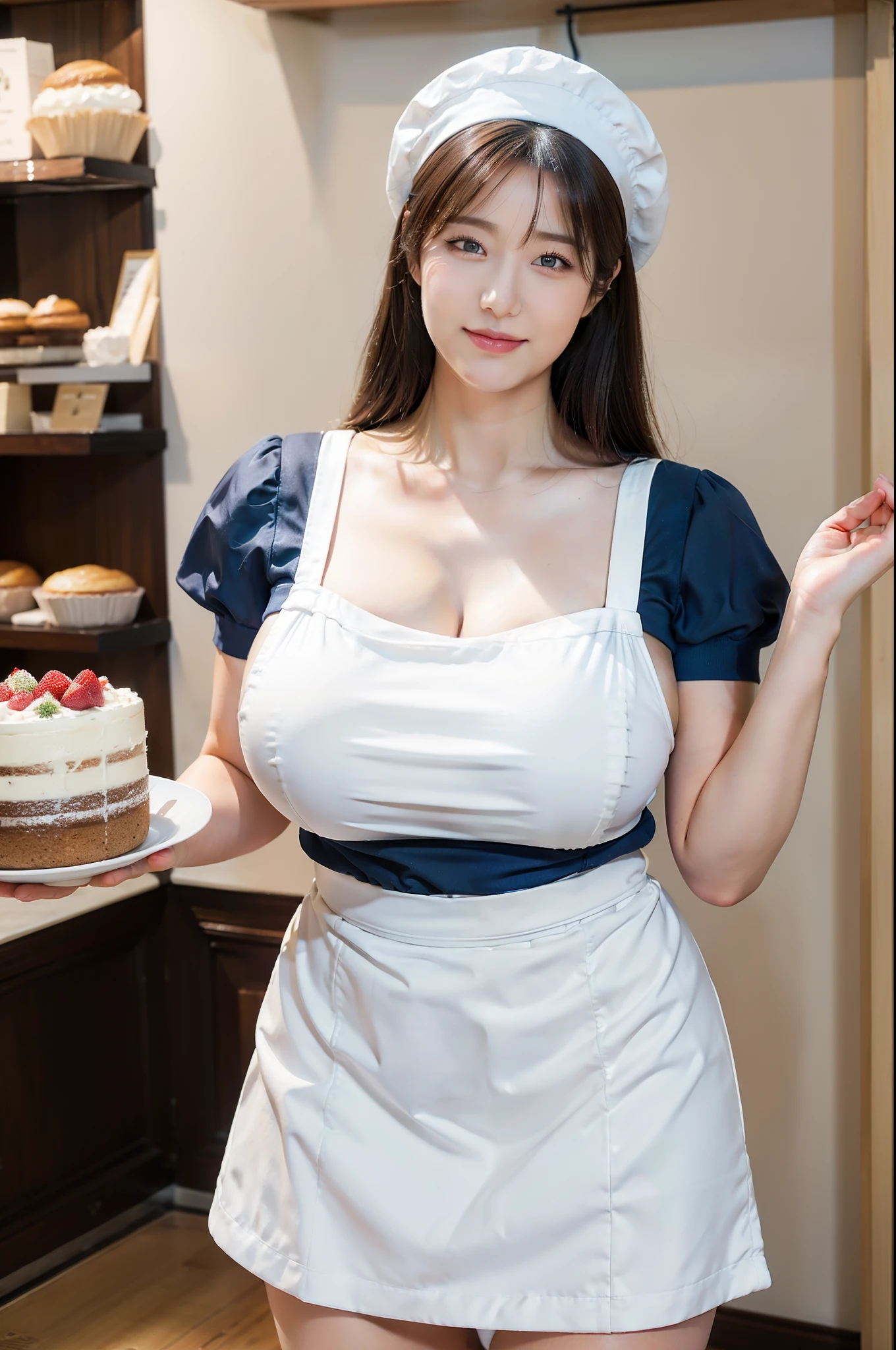 a young woman dressed as a female baker in chef clothes, female baker, baker clothes, standing in bakery, ((gigantic boobs)), j cup boobs, slim, photorealistic, photo, masterpiece, photorealism, high contrast, photorealistic digital , detailed, skin texture, hyper detailed, realistic skin texture, armature, best quality, ultra high res, (photorealistic:1.4),, high resolution, detailed, raw photo, sharp , young woman, youthful, youthful skin, (beautiful face), , smile, happy, blonde, flowing hair, cute face, high cheek bones, makeup, dynamic shadows, dynamic lighting, holding cake, cakes, carrrying food, Beautiful young face ,solo girl, ((((baker outfit)))), white apron, gigantic boobs, wide hips, fat boobs, fat hips, skinny , blue eyes, big hairstyle, full view, full body, baker's hat, chef clothes , make-up, calves, swedish face, looking down, upward pov, blue skirt, short dress, tight waist, waitress, massive fat fake boobs, breast implants, hourglass, ((big fake boobs)), j cup boobs, gigantic boobs, ((big fake boobs)), massive fat fake boobs, breast implants, hourglass, nice hair, white thigh highs, square neckline, square neckline, full length apron, baker uniform