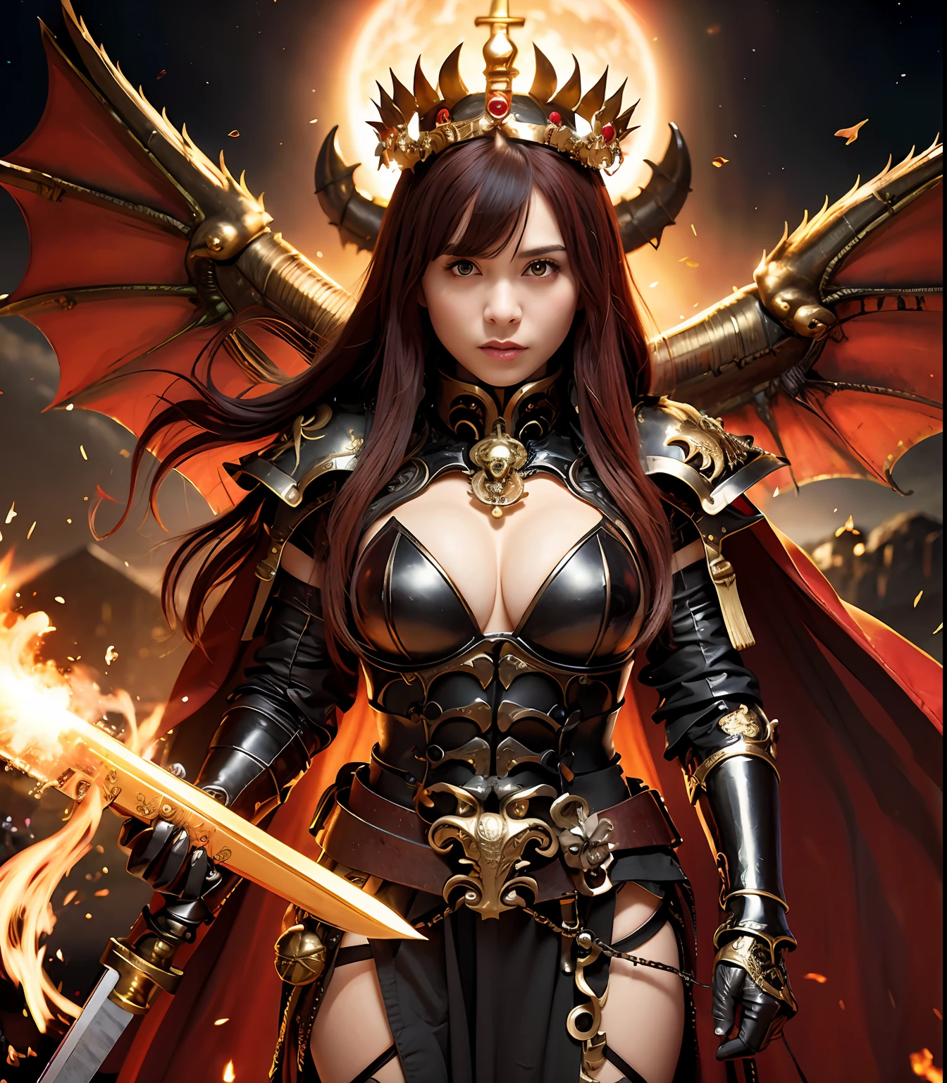 (masutepiece), Professional , ​masterpiece、top-quality、photos realistic , depth of fields （Dragon Black Metal Body:1.９),(Matte Black、（cleavage of the breast）、Dragon Gold Weapon、（bikini-armor),Gorgeous gold weapons ,（（ Dragon's dense and gorgeous sword）） , Beautiful knife   ,warhammer 40k , adepta sororitas,Detail and gorgeous crown、（（Red hair））、（Castle background）、The dragon、（（Gangle's forest background））、Beautiful Caucasian beauty、（１a person）、dynamic ungle,(((Detailed and ornate Black Devil Crown)))、Smaller head、Strange smile、Castle background、Thin and beautiful female hands、cleavage of the breast、Soldier in iron armor on background、Mystical expression、Light Effects、intense fighting、Wind-effect、magic circles、With the legendary magic wand、（demonic wings）、