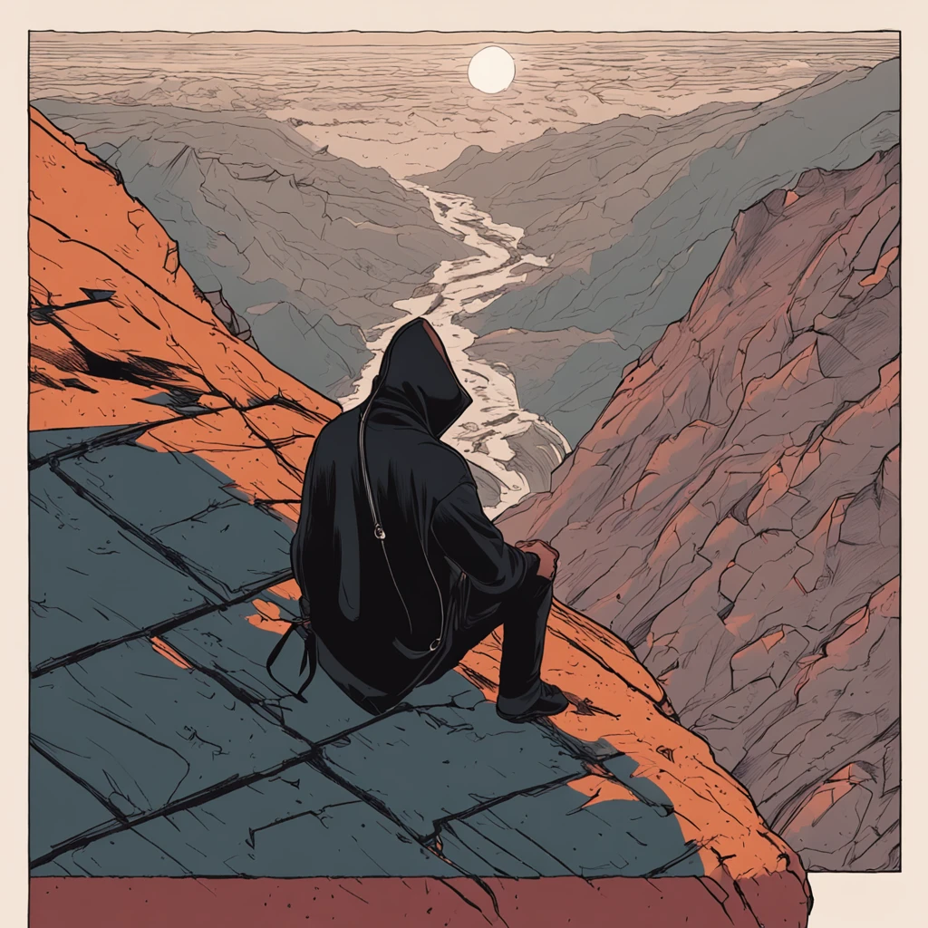 Sit high on a cliff，Look up into the distance，A teenager with his hands on his knees, Wear a black hood and black trench coat, The time is dusk, god light, symetry, first person perspective, From above
